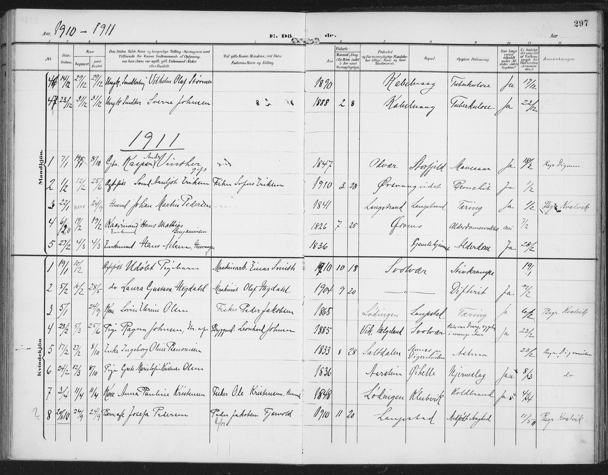 Ministerialprotokoller, klokkerbøker og fødselsregistre - Nordland, SAT/A-1459/874/L1063: Parish register (official) no. 874A07, 1907-1915, p. 297