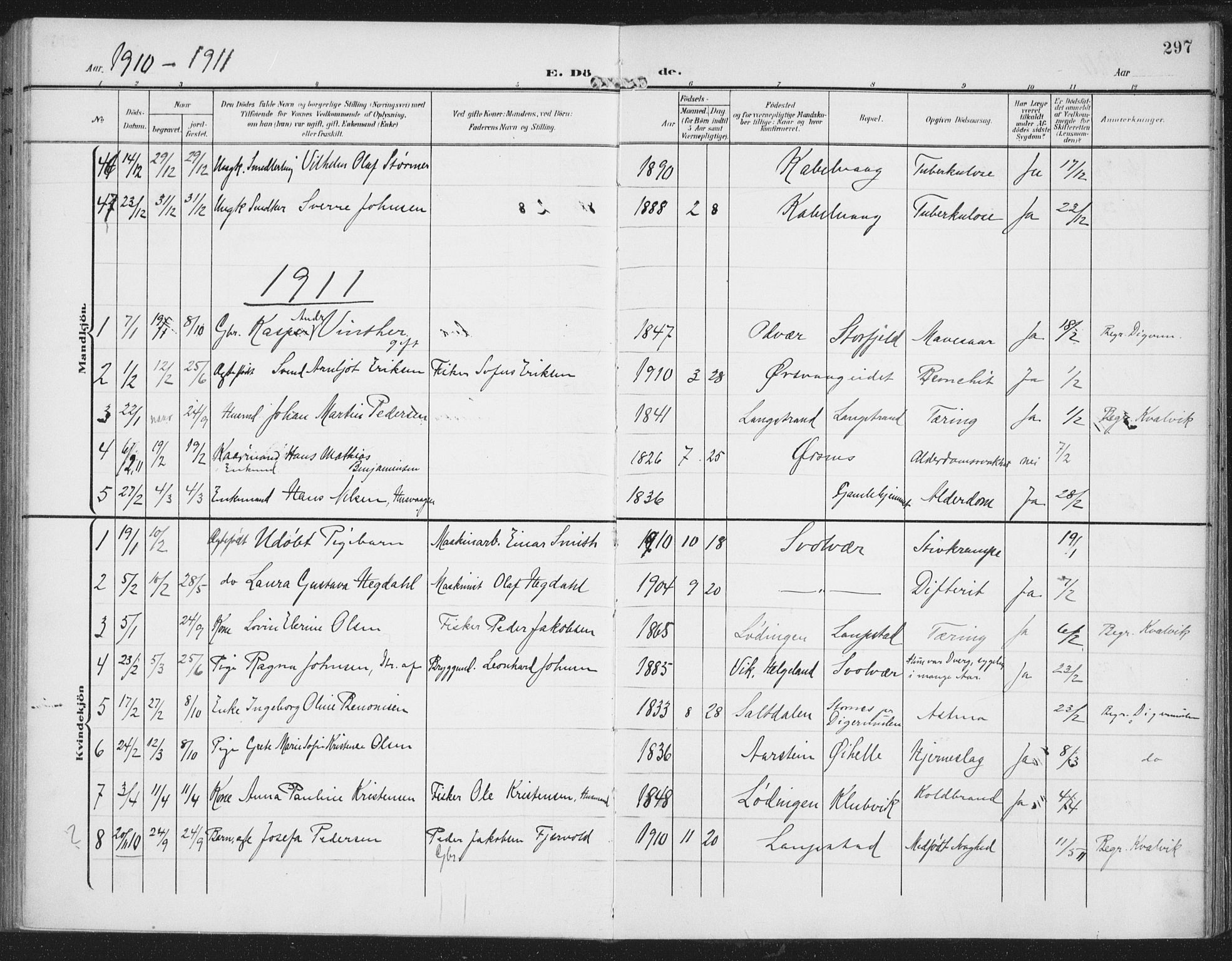 Ministerialprotokoller, klokkerbøker og fødselsregistre - Nordland, AV/SAT-A-1459/874/L1063: Parish register (official) no. 874A07, 1907-1915, p. 297