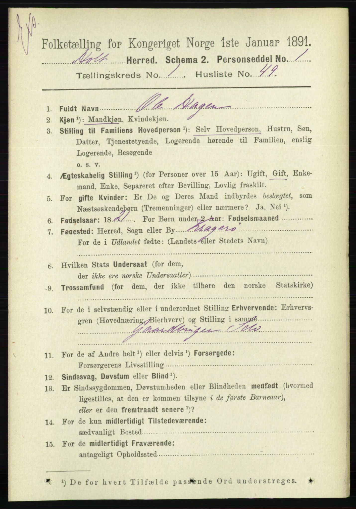 RA, Census 1891 for Nedenes amt: Gjenparter av personsedler for beslektede ektefeller, menn, 1891, p. 272