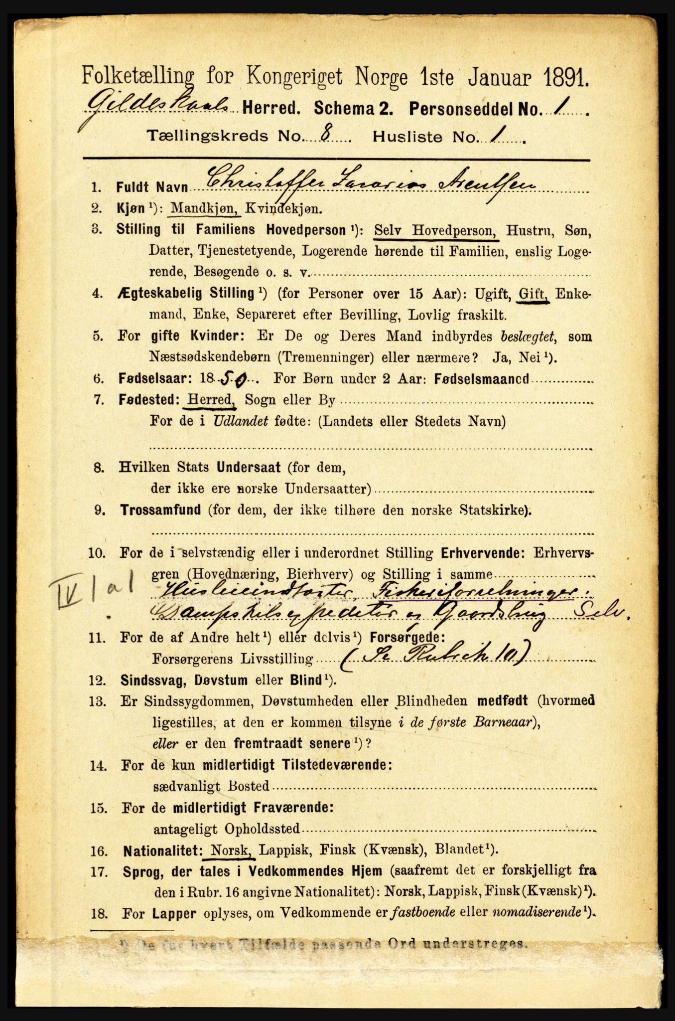 RA, 1891 census for 1838 Gildeskål, 1891, p. 2465