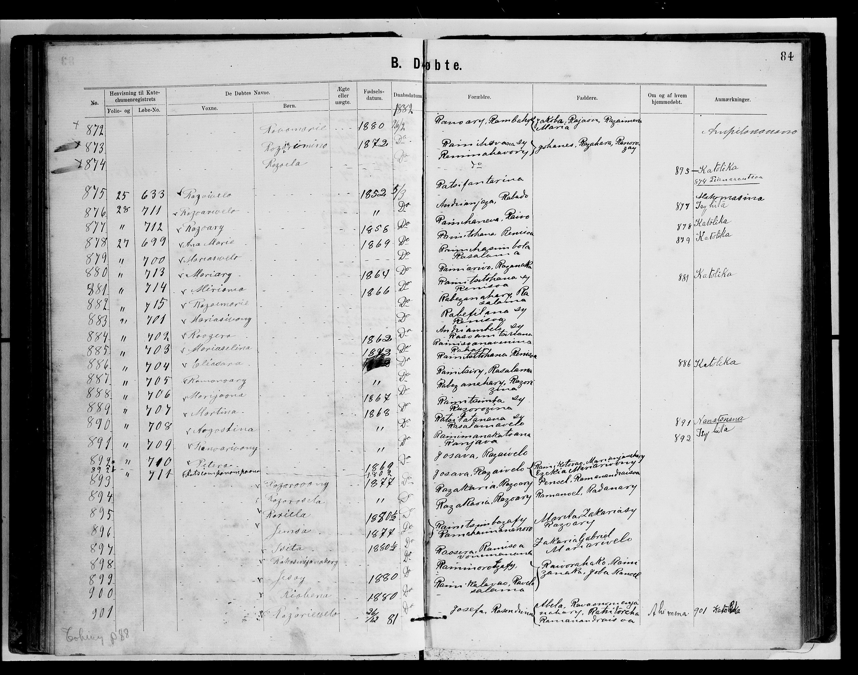 Archives FLM/NMS, Madagaskar, VID/MA-A-1163/D/Db/L0269: Parish register (official) no. 1, 1867-1884, p. 84