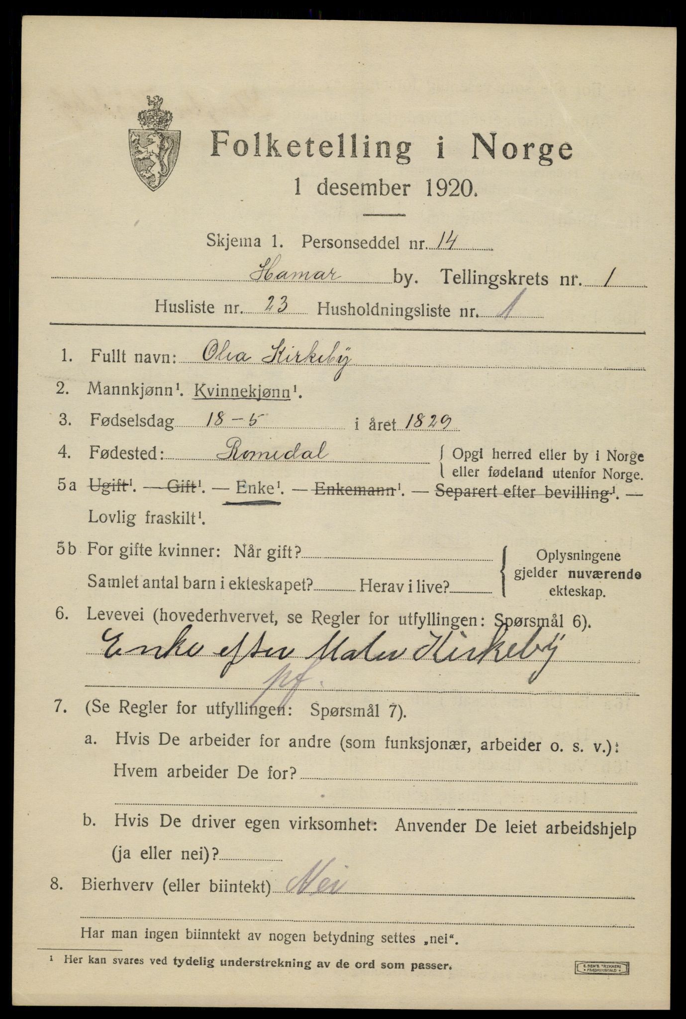 SAH, 1920 census for Hamar, 1920, p. 4717