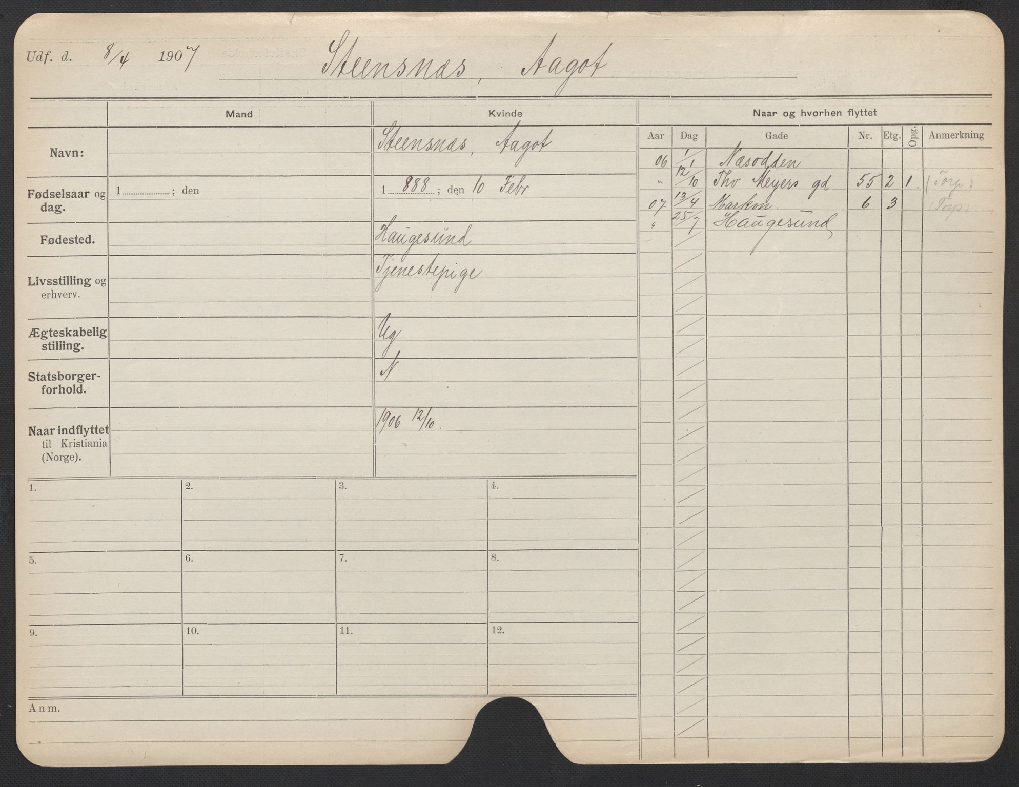 Oslo folkeregister, Registerkort, AV/SAO-A-11715/F/Fa/Fac/L0024: Kvinner, 1906-1914, p. 297a