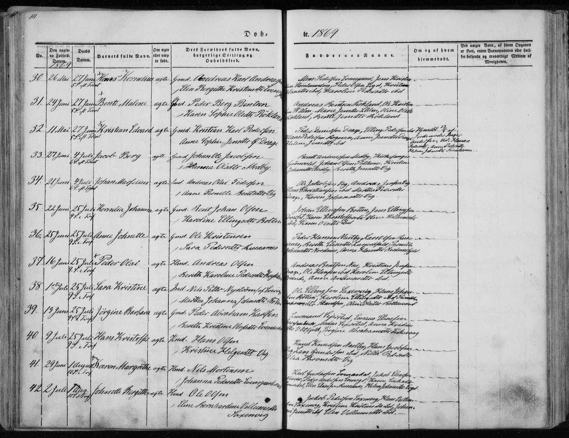 Ministerialprotokoller, klokkerbøker og fødselsregistre - Nordland, SAT/A-1459/847/L0666: Parish register (official) no. 847A06, 1842-1871, p. 111