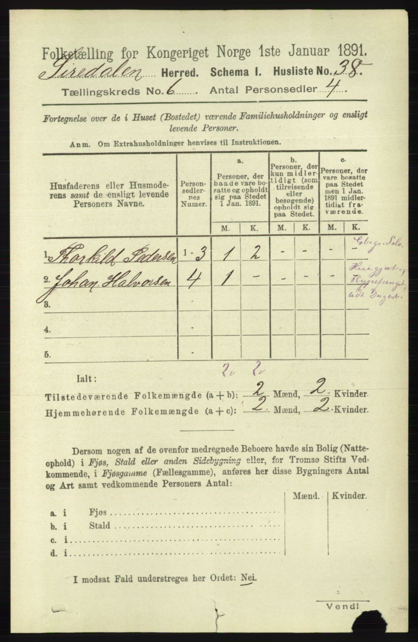 RA, 1891 census for 1046 Sirdal, 1891, p. 1629