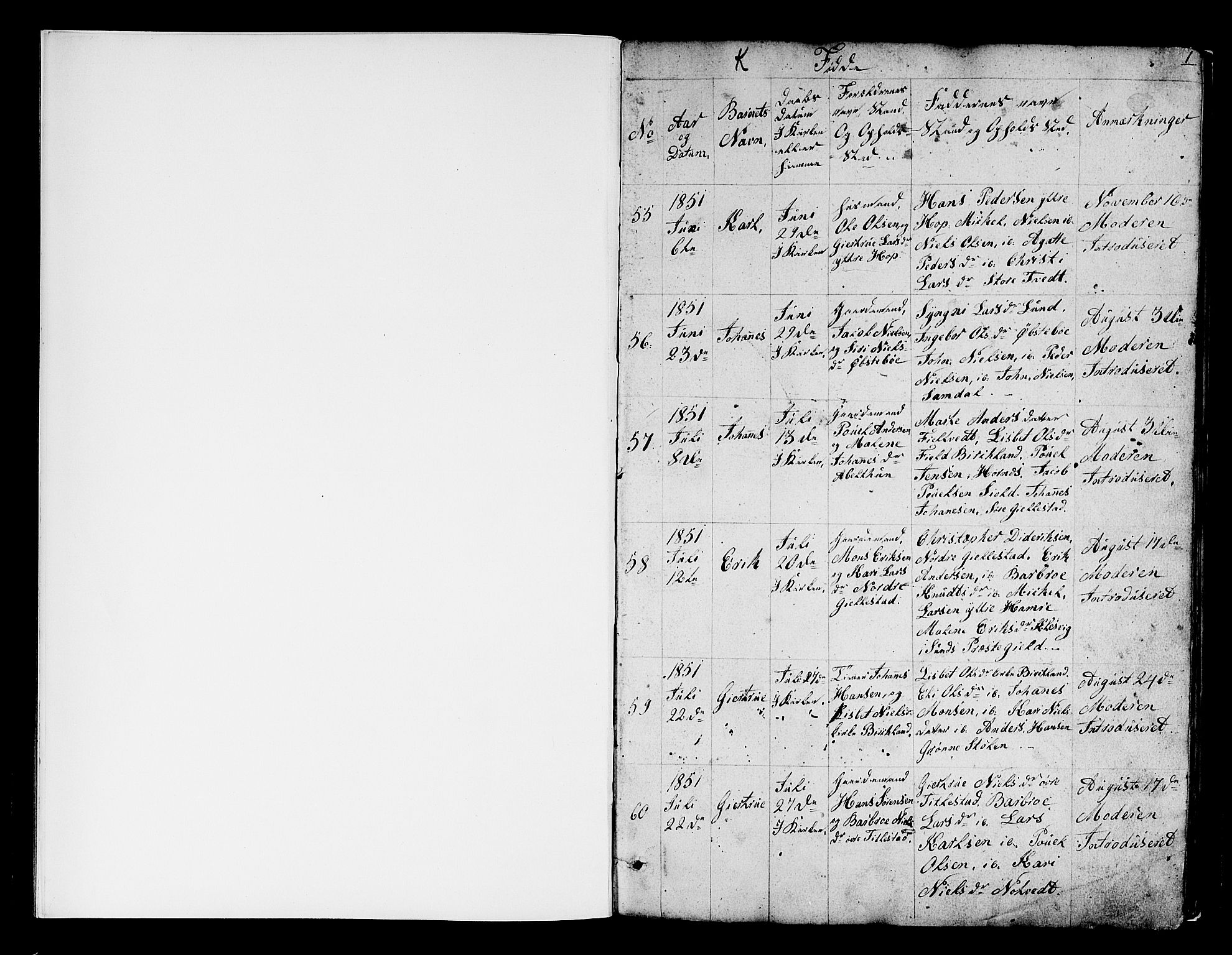 Fana Sokneprestembete, AV/SAB-A-75101/H/Hab/Habb/L0002: Parish register (copy) no. B 2, 1851-1860, p. 1