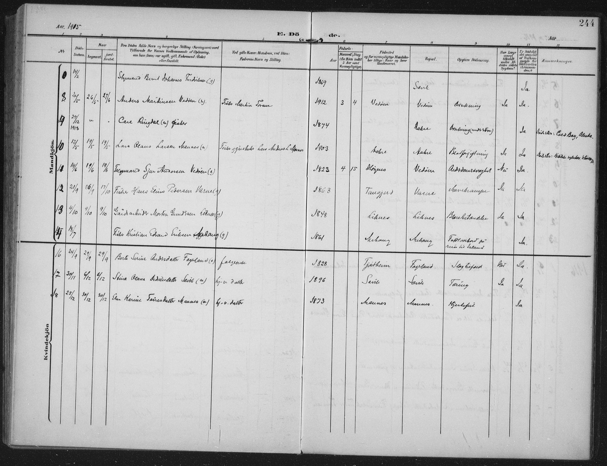 Kopervik sokneprestkontor, AV/SAST-A-101850/H/Ha/Haa/L0005: Parish register (official) no. A 5, 1906-1924, p. 244