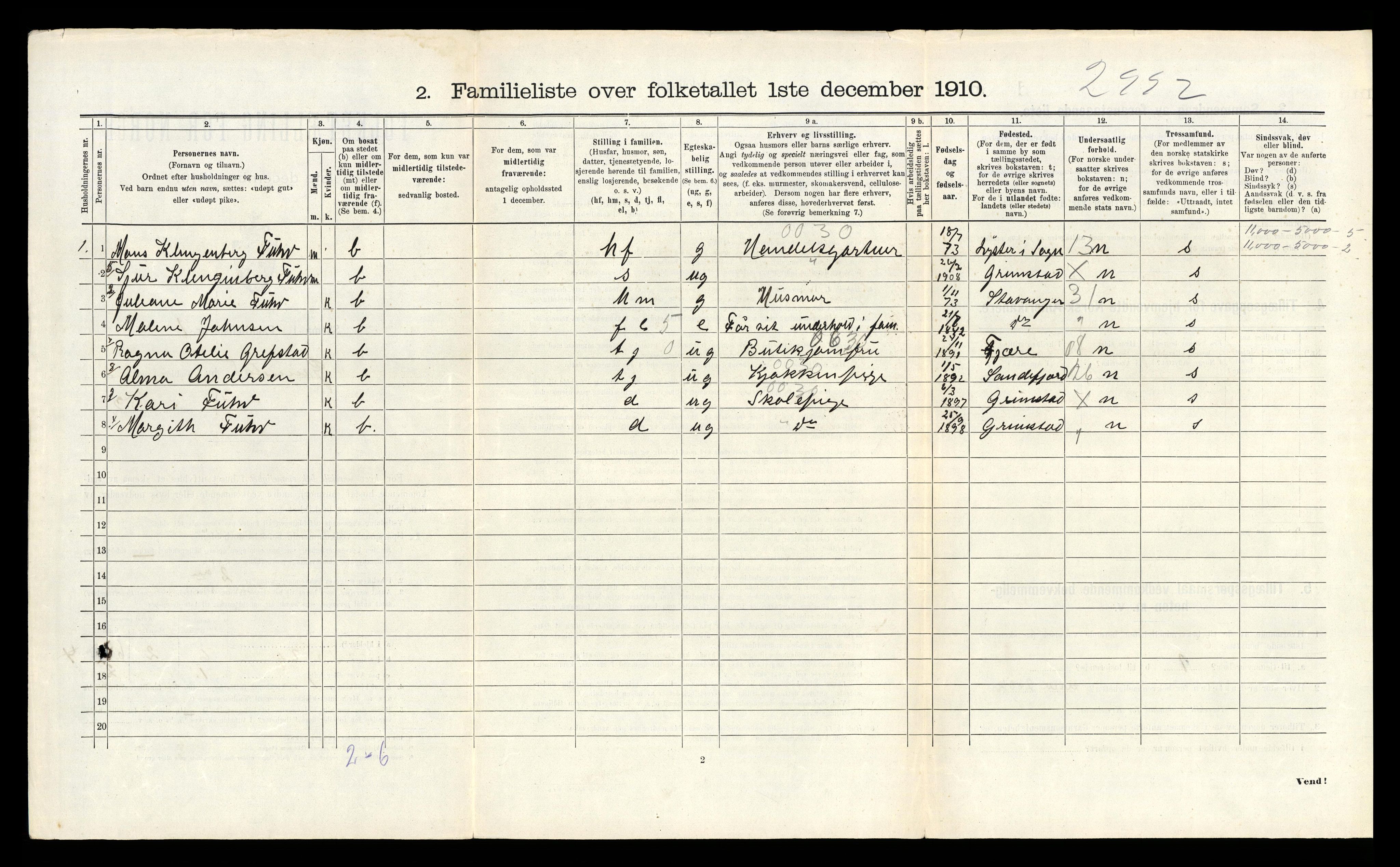 RA, 1910 census for Grimstad, 1910, p. 617