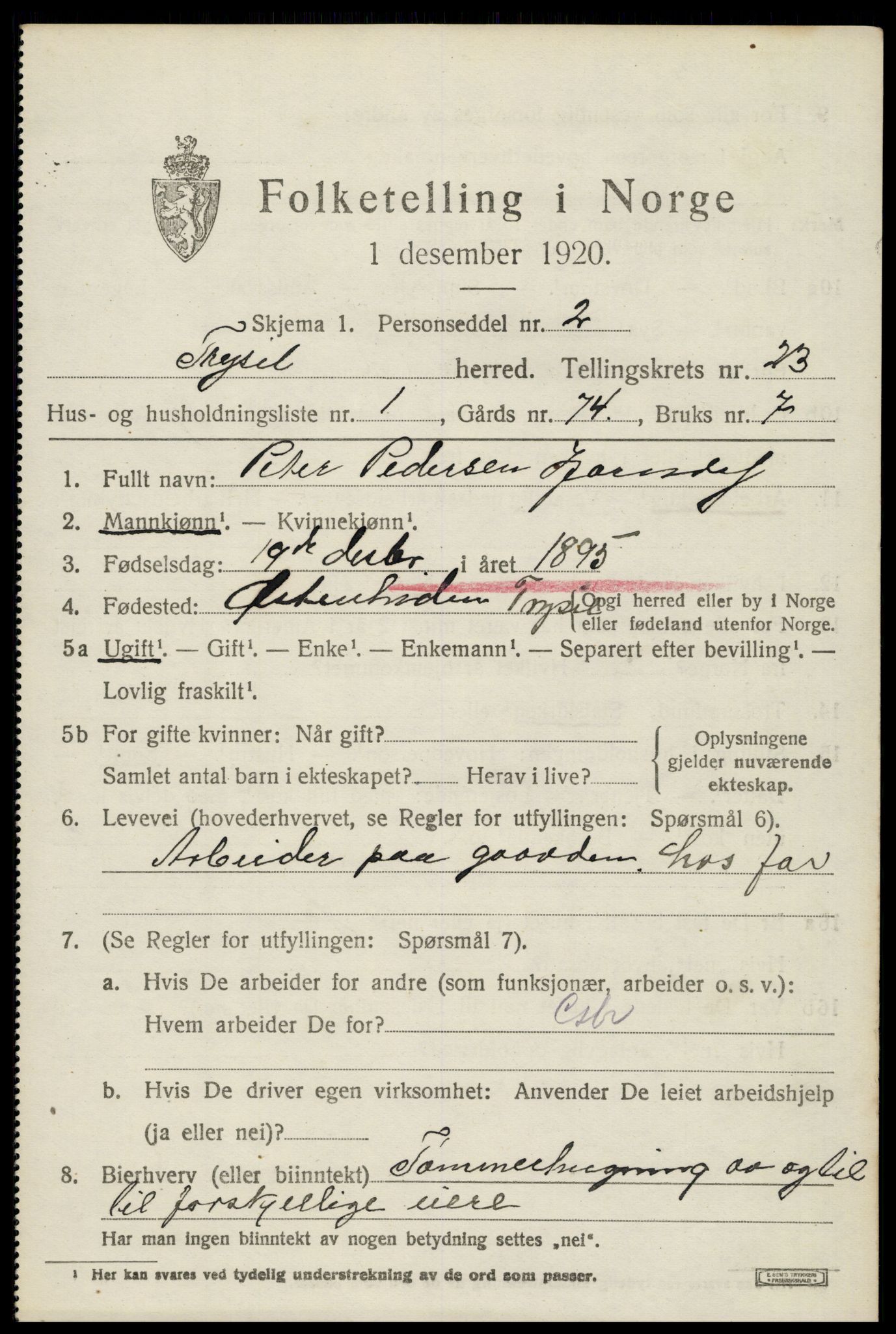 SAH, 1920 census for Trysil, 1920, p. 14849