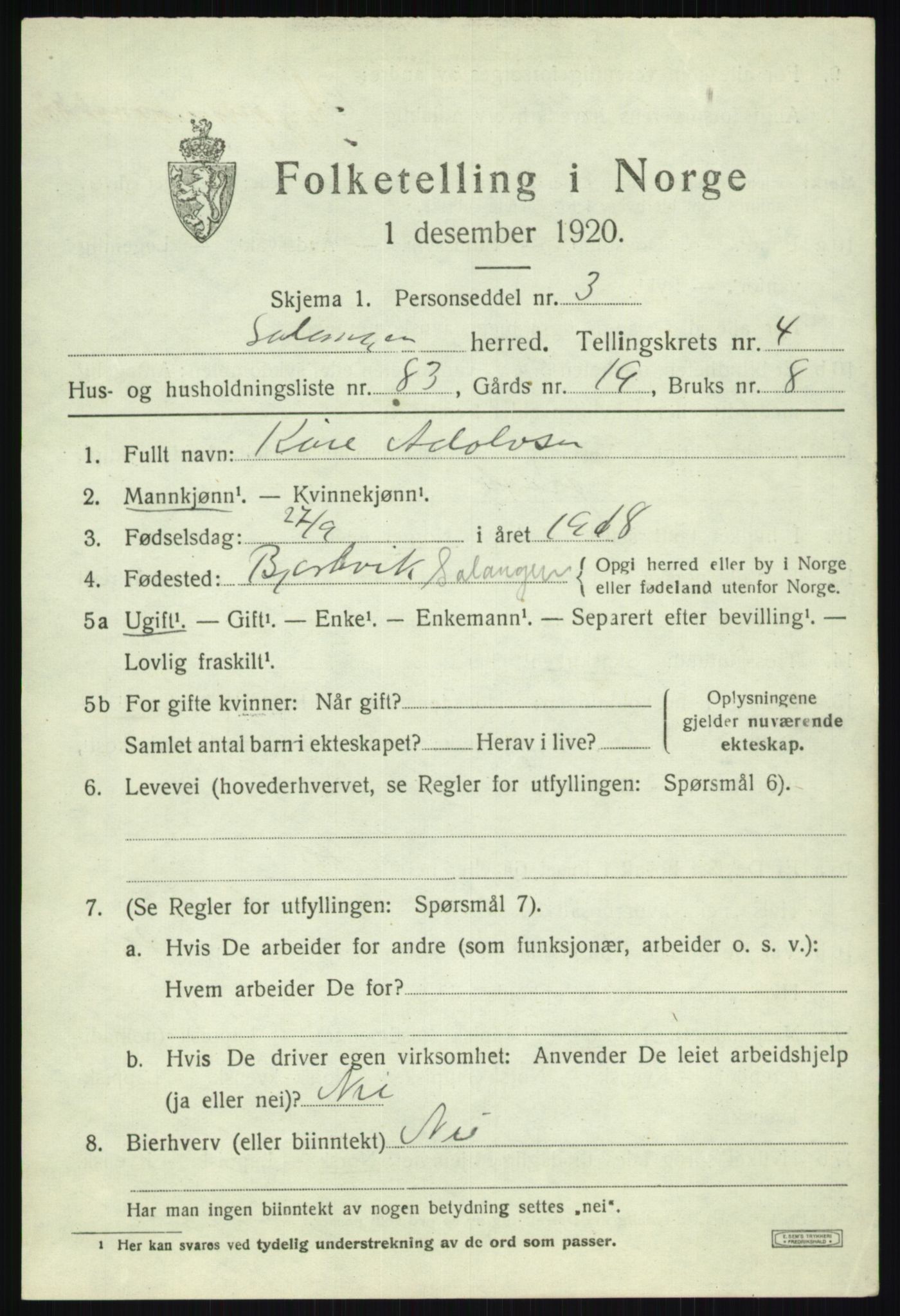 SATØ, 1920 census for Salangen, 1920, p. 3294