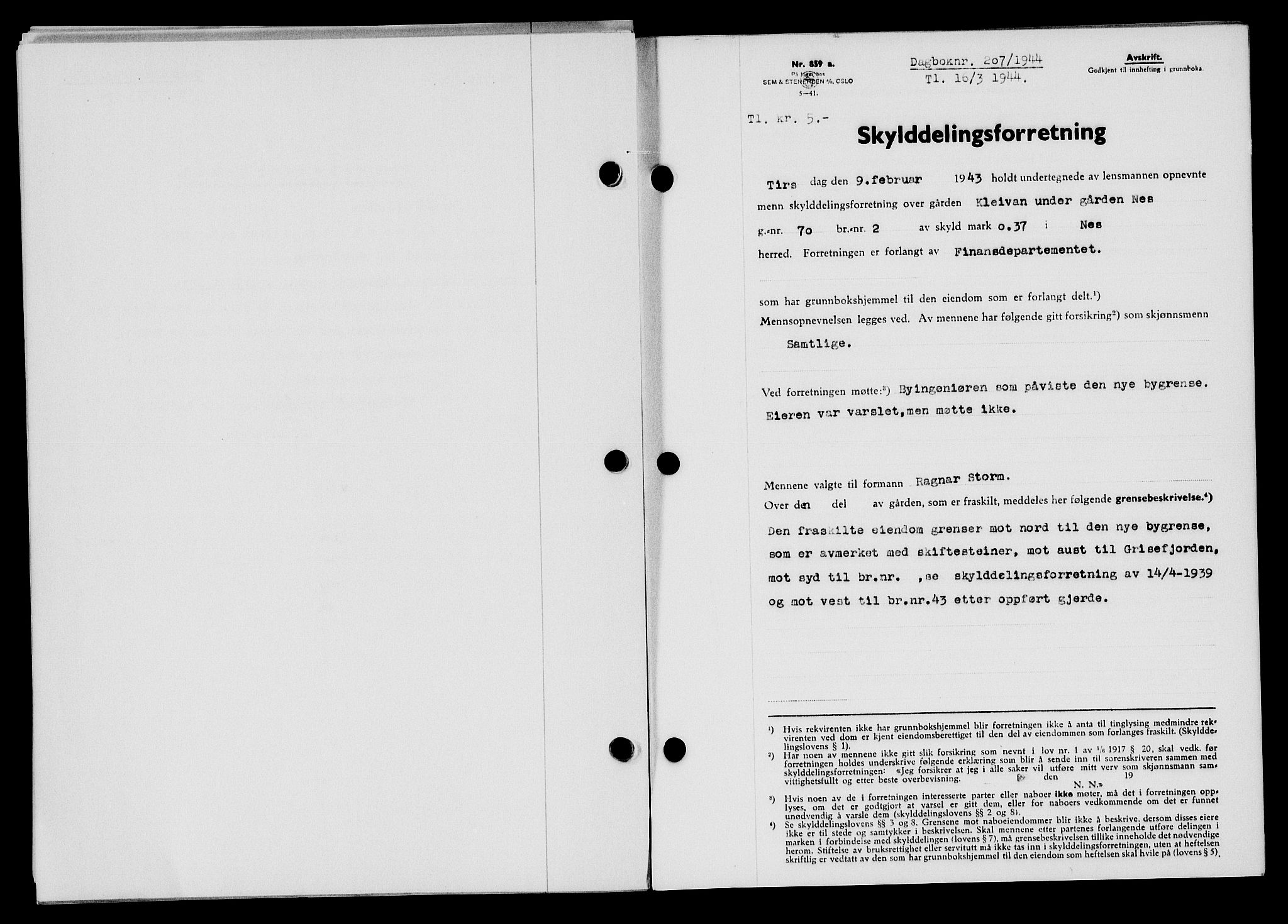 Flekkefjord sorenskriveri, SAK/1221-0001/G/Gb/Gba/L0059: Mortgage book no. A-7, 1944-1945, Diary no: : 207/1944