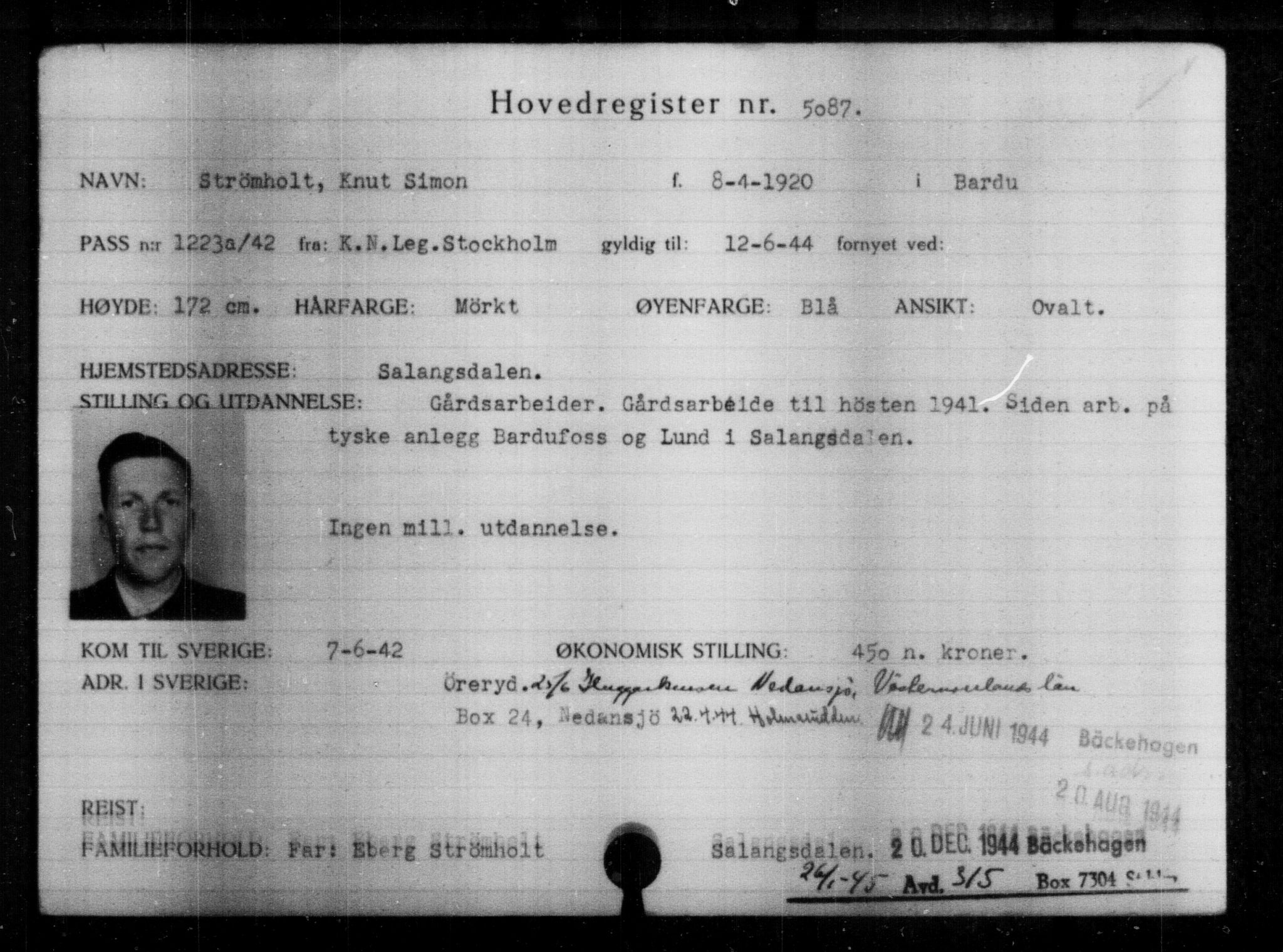 Utenriksstasjonene, Legasjonen i Stockholm, Flyktningkontoret, AV/RA-S-6753/V/Va/L0004: Kjesäterkartoteket, flyktninger med registreringsnr. 3496-6610, 1940-1945, p. 1880