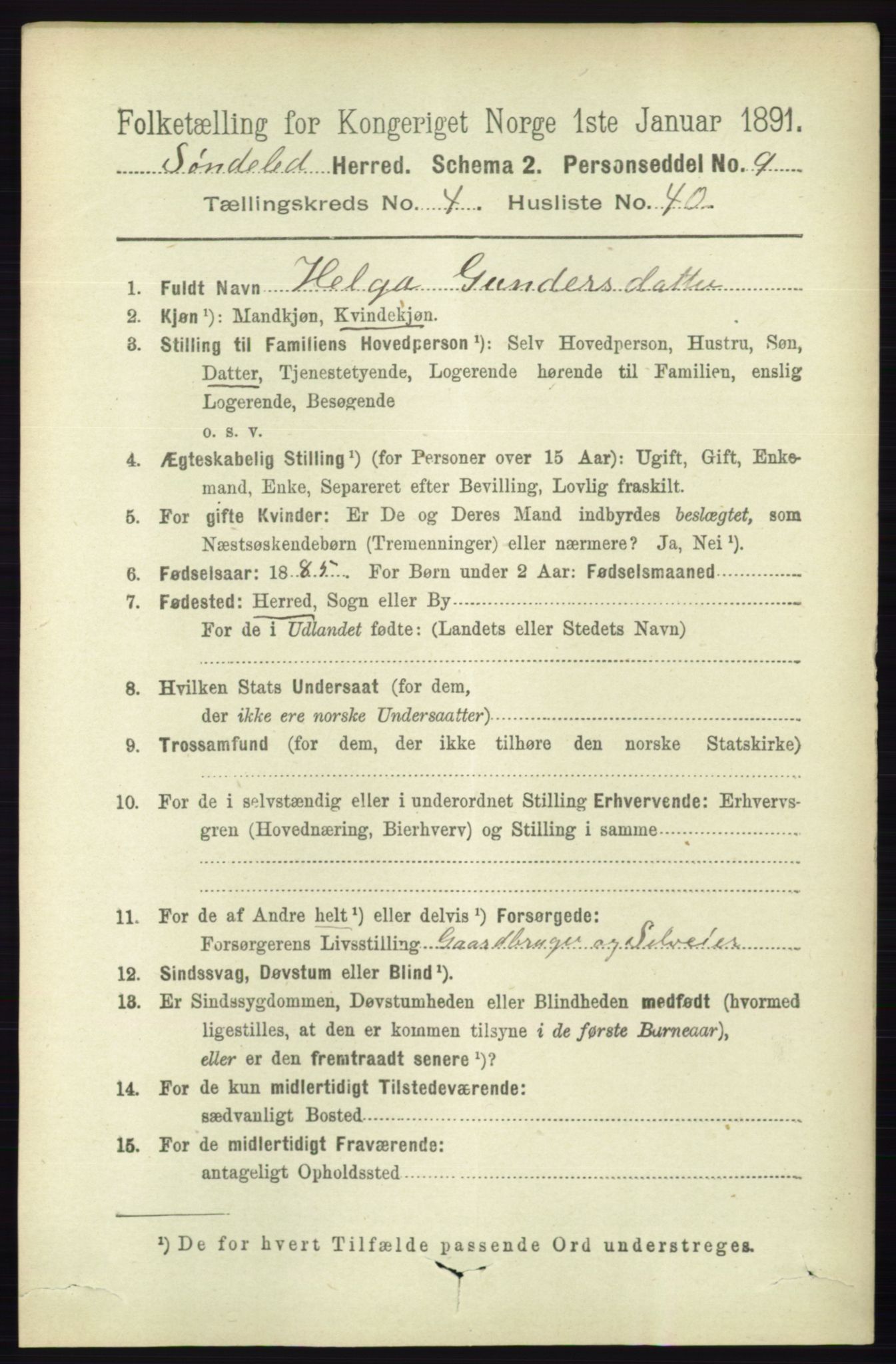 RA, 1891 census for 0913 Søndeled, 1891, p. 1133