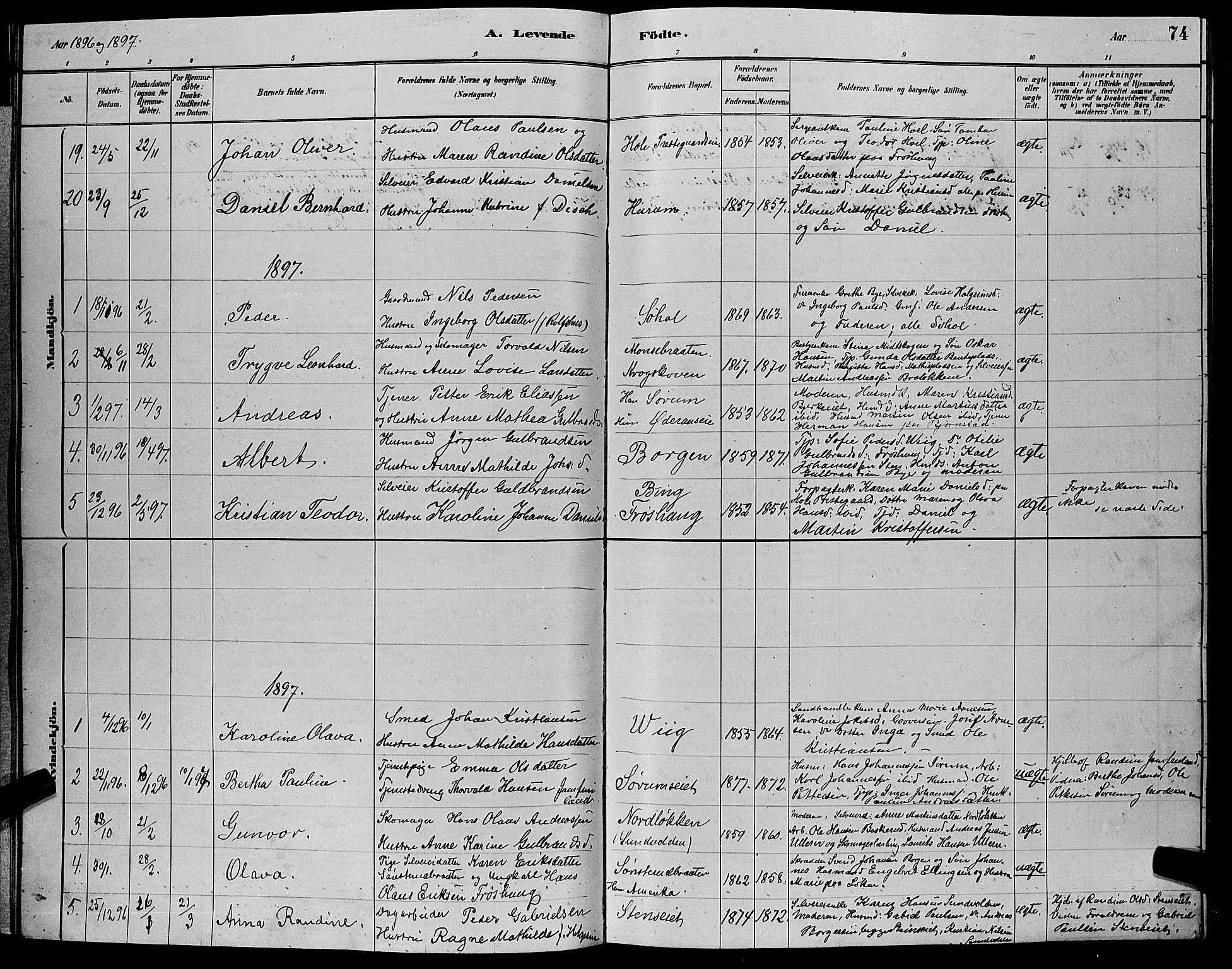 Hole kirkebøker, SAKO/A-228/G/Ga/L0003: Parish register (copy) no. I 3, 1879-1904, p. 74