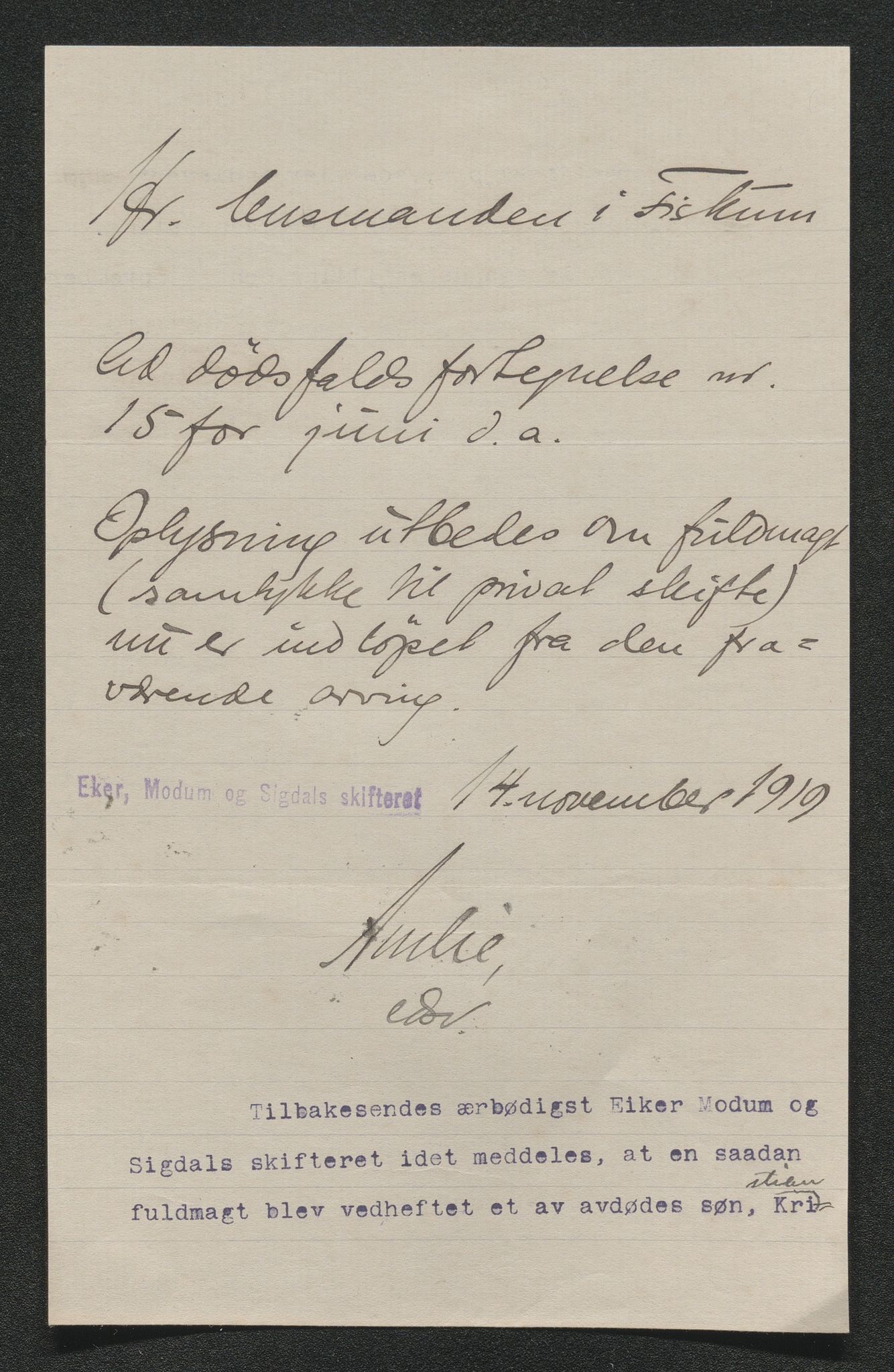 Eiker, Modum og Sigdal sorenskriveri, AV/SAKO-A-123/H/Ha/Hab/L0039: Dødsfallsmeldinger, 1918-1919, p. 861