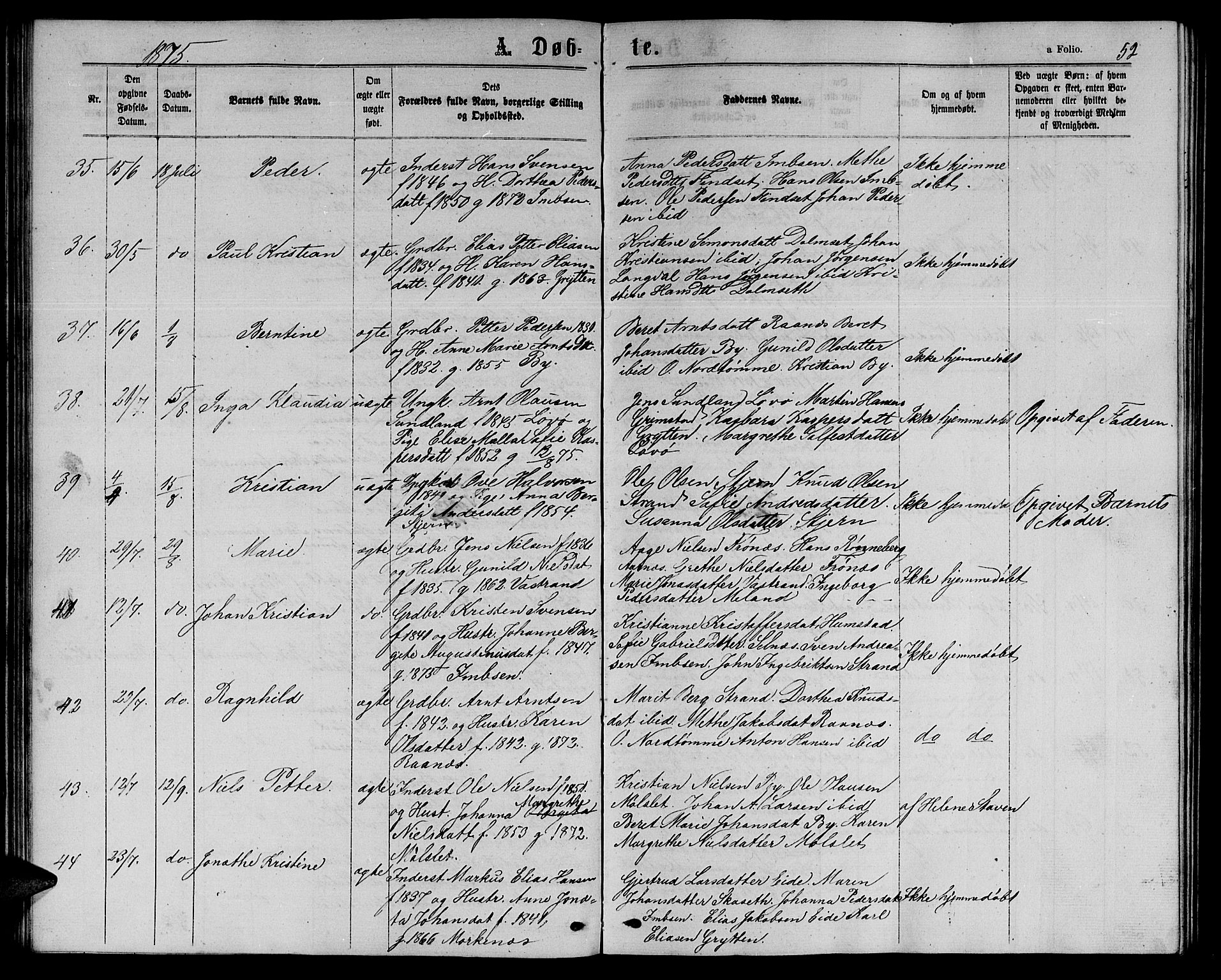 Ministerialprotokoller, klokkerbøker og fødselsregistre - Sør-Trøndelag, AV/SAT-A-1456/655/L0686: Parish register (copy) no. 655C02, 1866-1879, p. 52