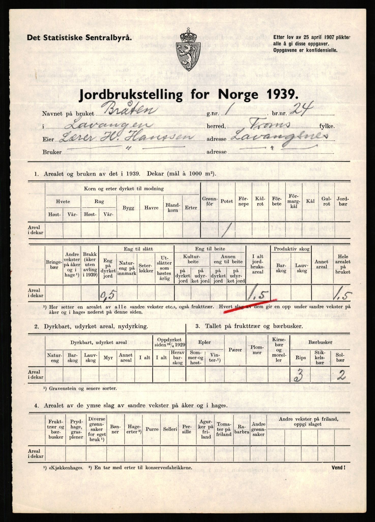 Statistisk sentralbyrå, Næringsøkonomiske emner, Jordbruk, skogbruk, jakt, fiske og fangst, AV/RA-S-2234/G/Gb/L0339: Troms: Andørja, Astafjord og Lavangen, 1939, p. 864