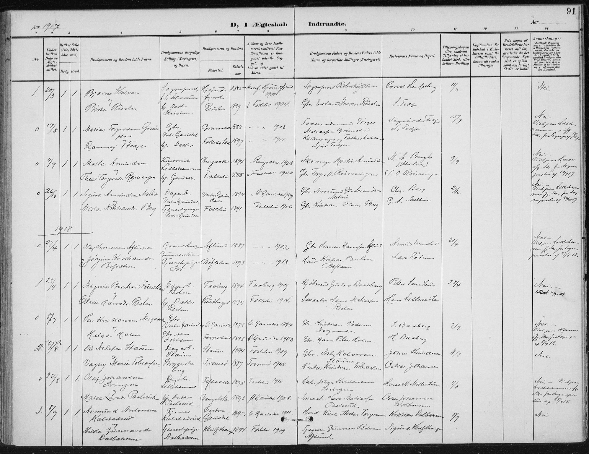 Østre Gausdal prestekontor, SAH/PREST-092/H/Ha/Haa/L0005: Parish register (official) no. 5, 1902-1920, p. 91