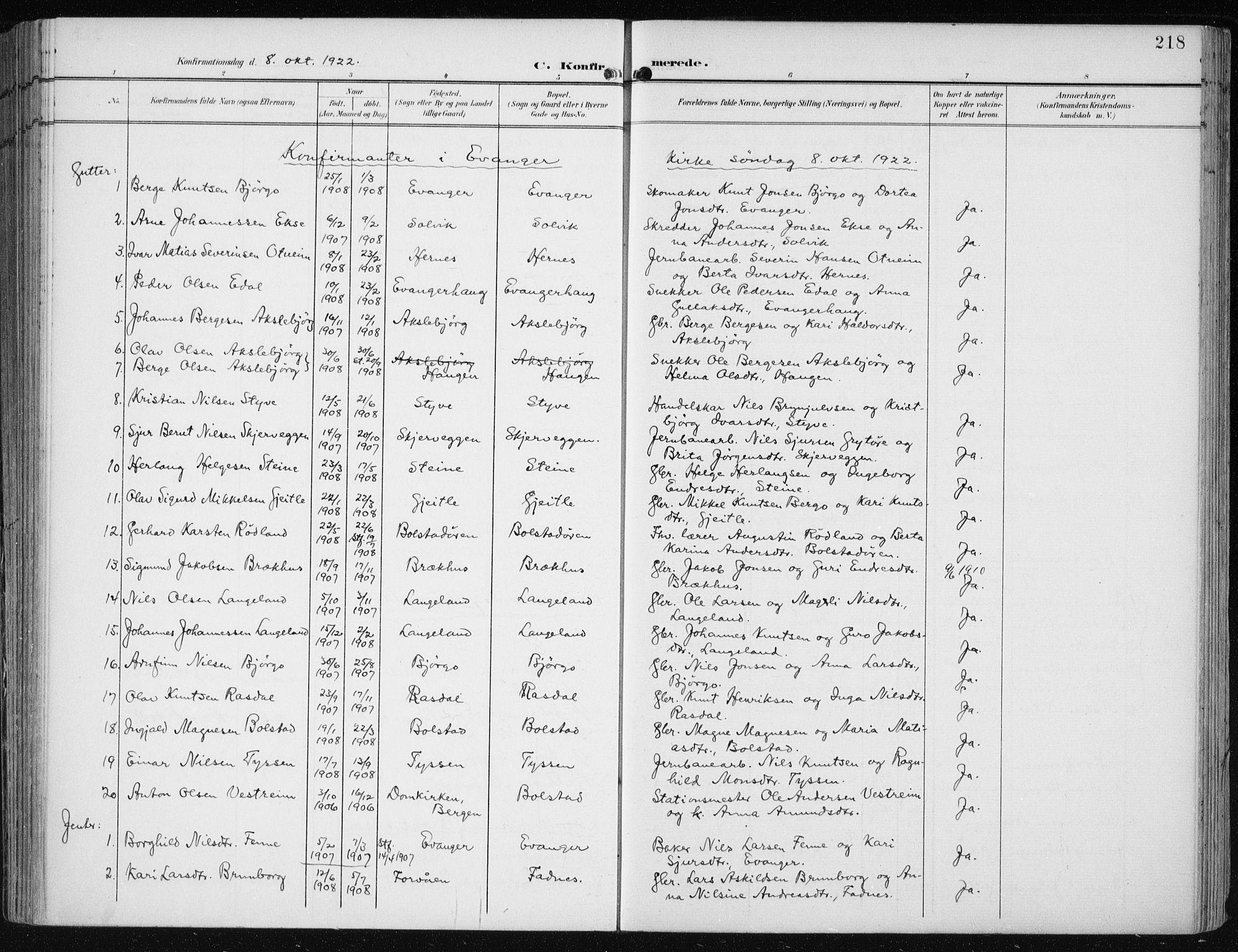 Evanger sokneprestembete, SAB/A-99924: Parish register (official) no. A  3, 1900-1930, p. 218