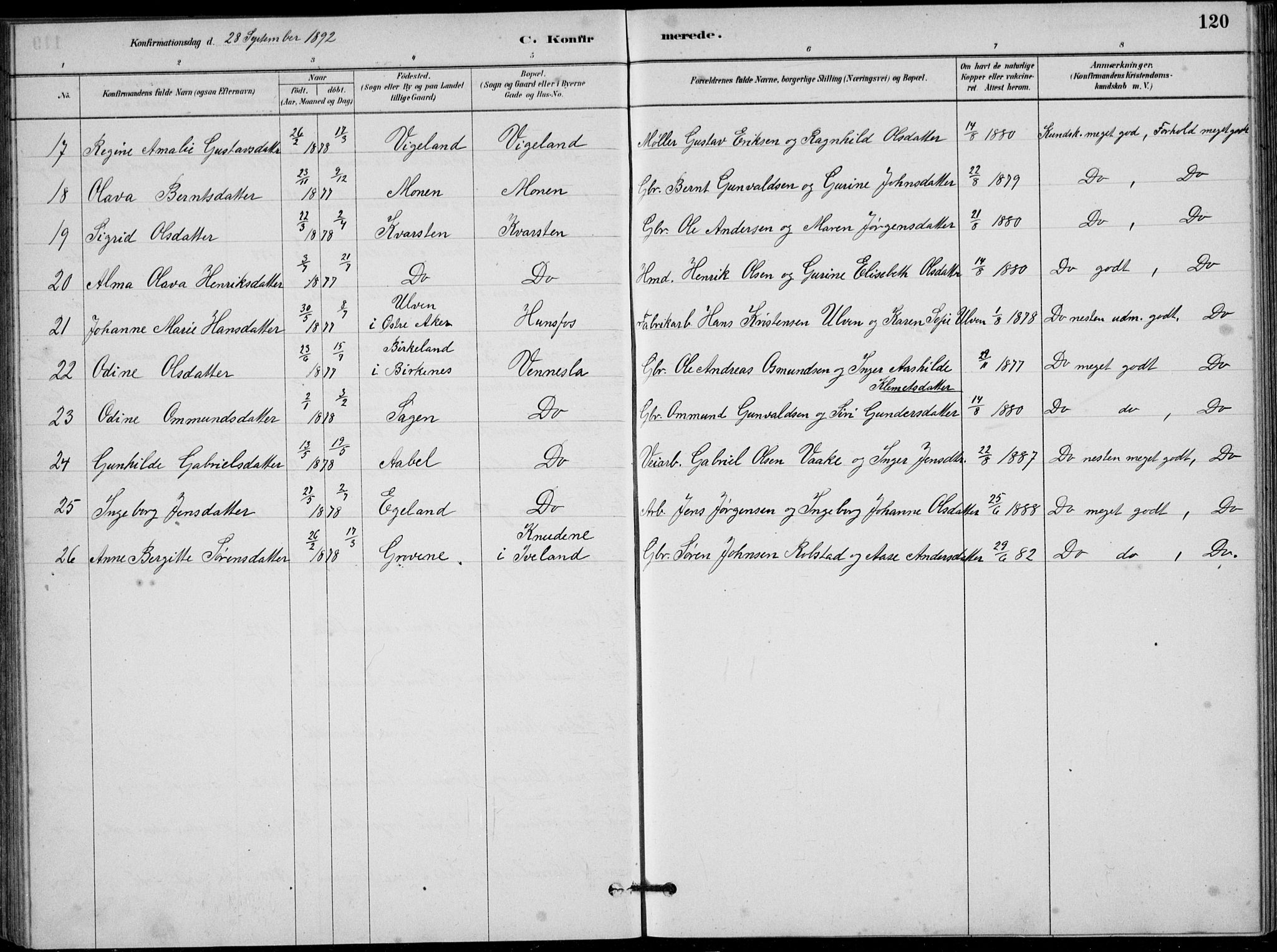 Vennesla sokneprestkontor, AV/SAK-1111-0045/Fb/Fbb/L0003: Parish register (copy) no. B 3, 1879-1893, p. 120