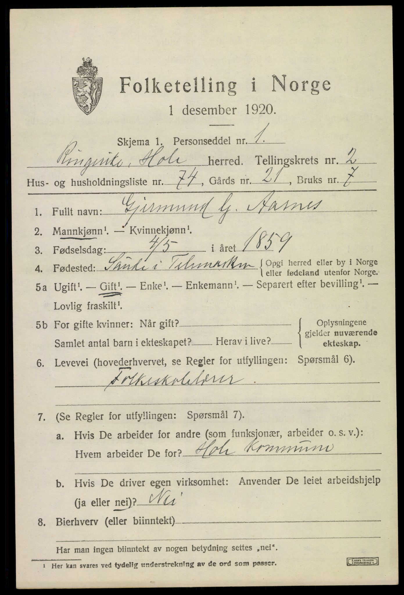 SAKO, 1920 census for Hole, 1920, p. 2721