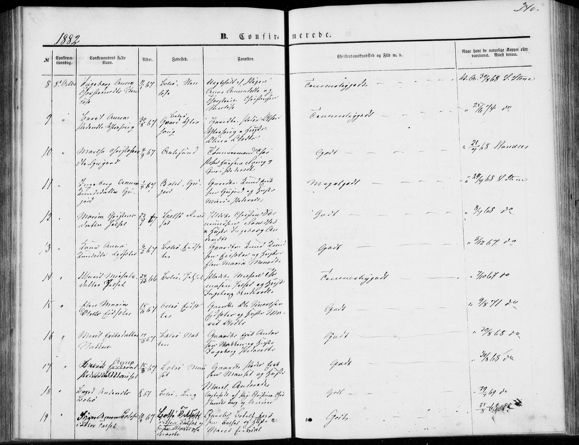 Ministerialprotokoller, klokkerbøker og fødselsregistre - Møre og Romsdal, AV/SAT-A-1454/557/L0681: Parish register (official) no. 557A03, 1869-1886, p. 240