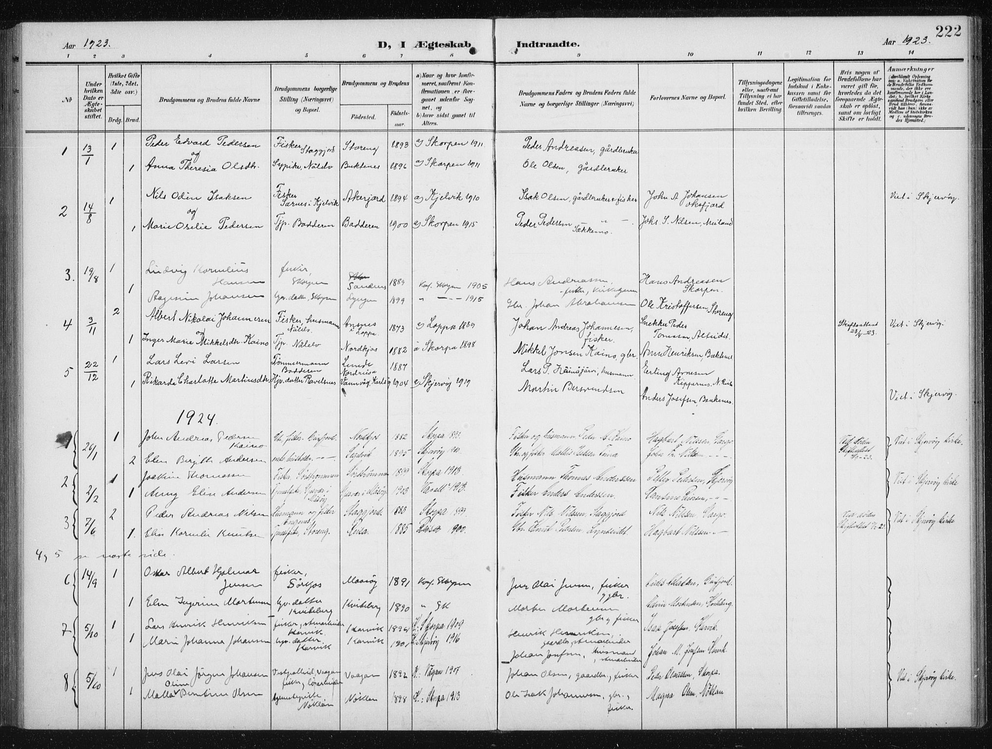 Skjervøy sokneprestkontor, AV/SATØ-S-1300/H/Ha/Hab/L0017klokker: Parish register (copy) no. 17, 1906-1941, p. 222