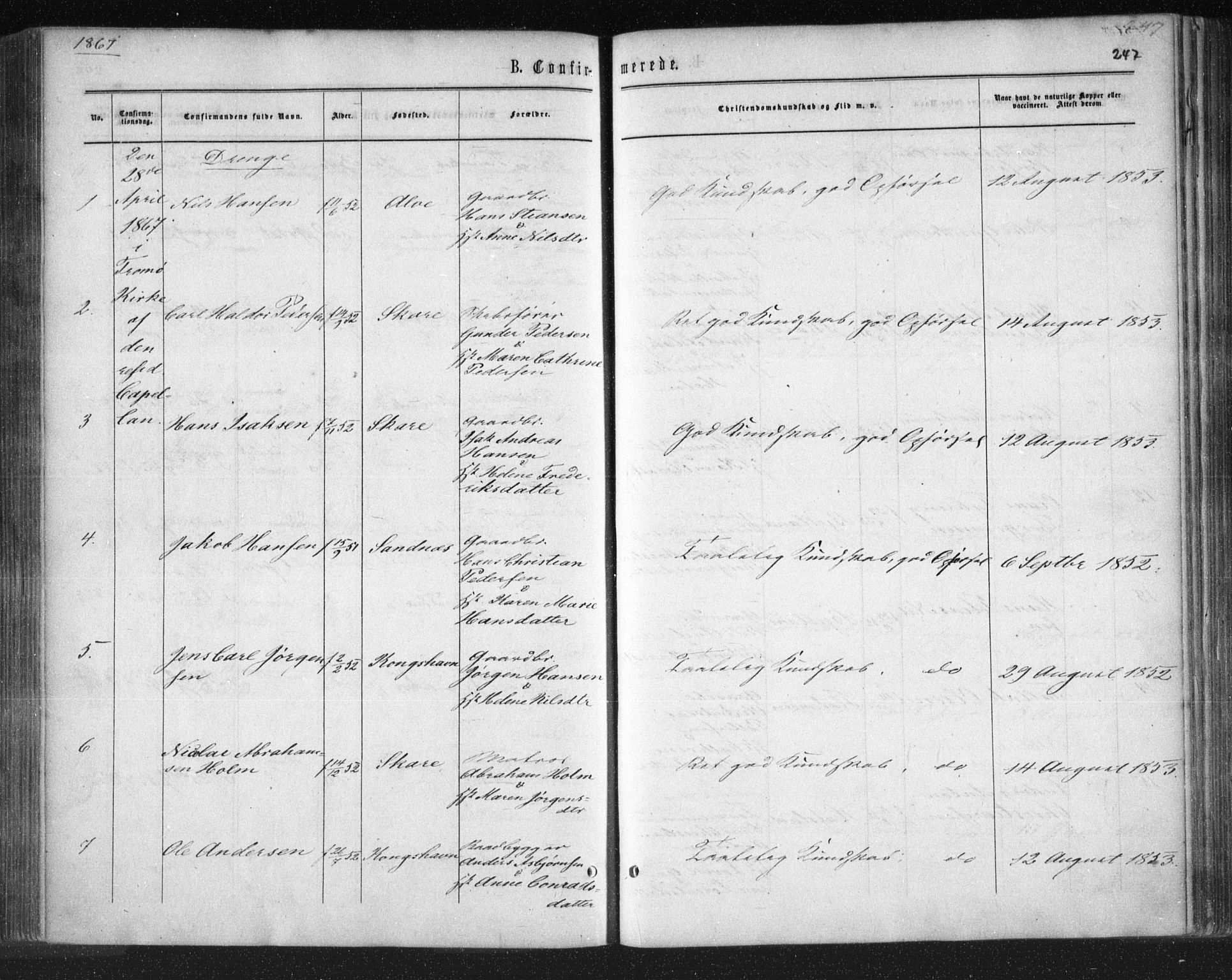 Tromøy sokneprestkontor, SAK/1111-0041/F/Fa/L0007: Parish register (official) no. A 7, 1864-1869, p. 247