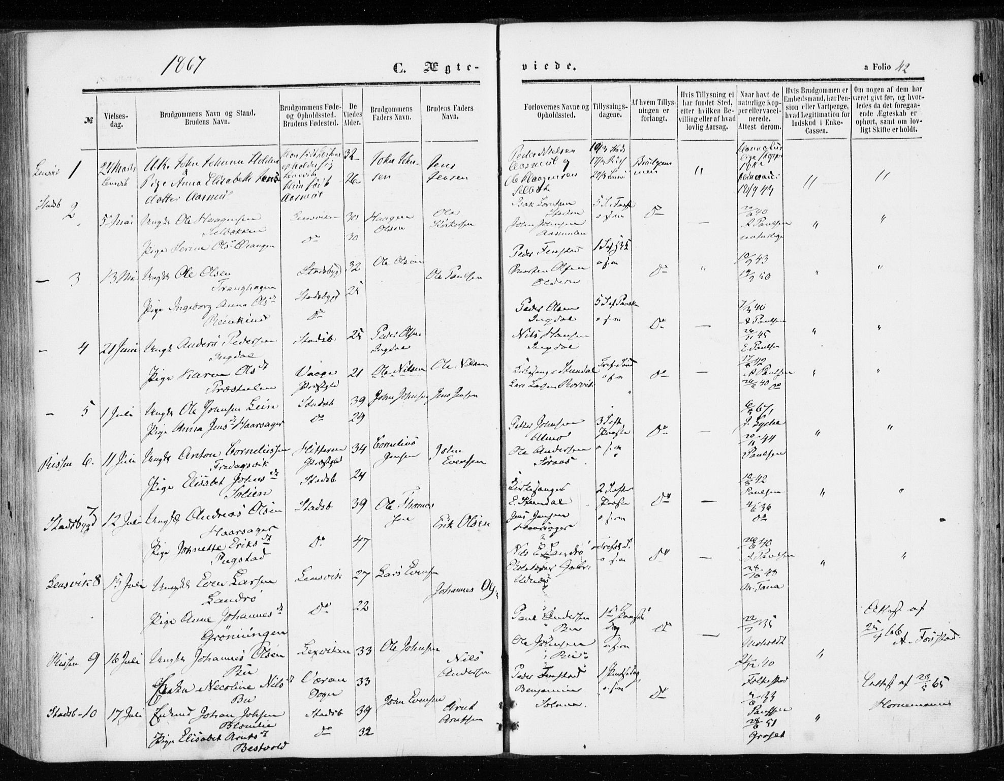 Ministerialprotokoller, klokkerbøker og fødselsregistre - Sør-Trøndelag, SAT/A-1456/646/L0612: Parish register (official) no. 646A10, 1858-1869, p. 42