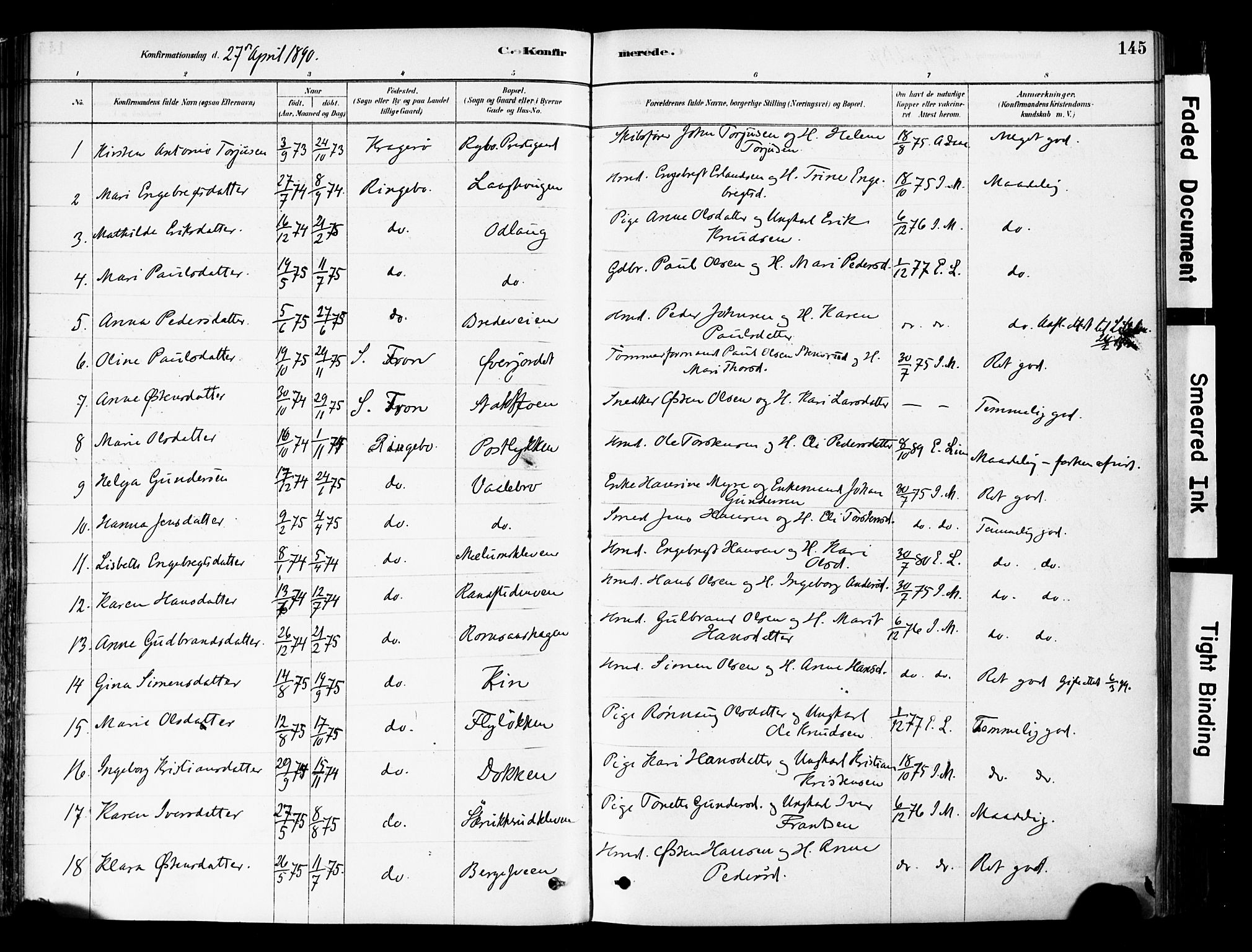 Ringebu prestekontor, AV/SAH-PREST-082/H/Ha/Haa/L0008: Parish register (official) no. 8, 1878-1898, p. 145