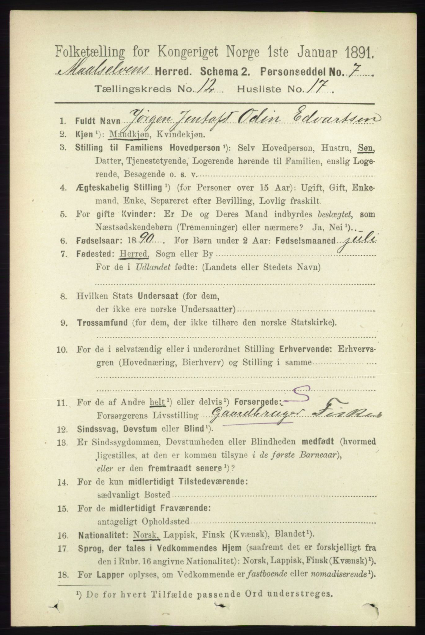 RA, 1891 census for 1924 Målselv, 1891, p. 3907