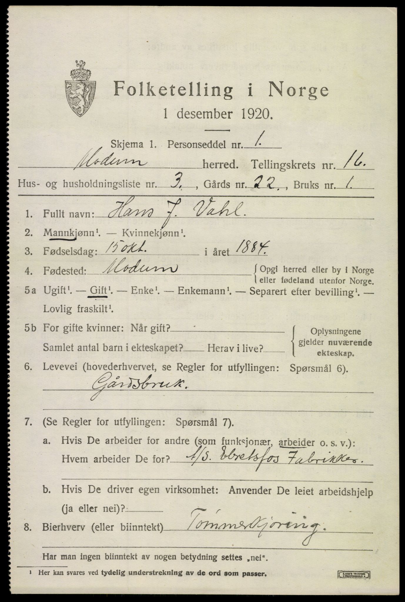 SAKO, 1920 census for Modum, 1920, p. 19433