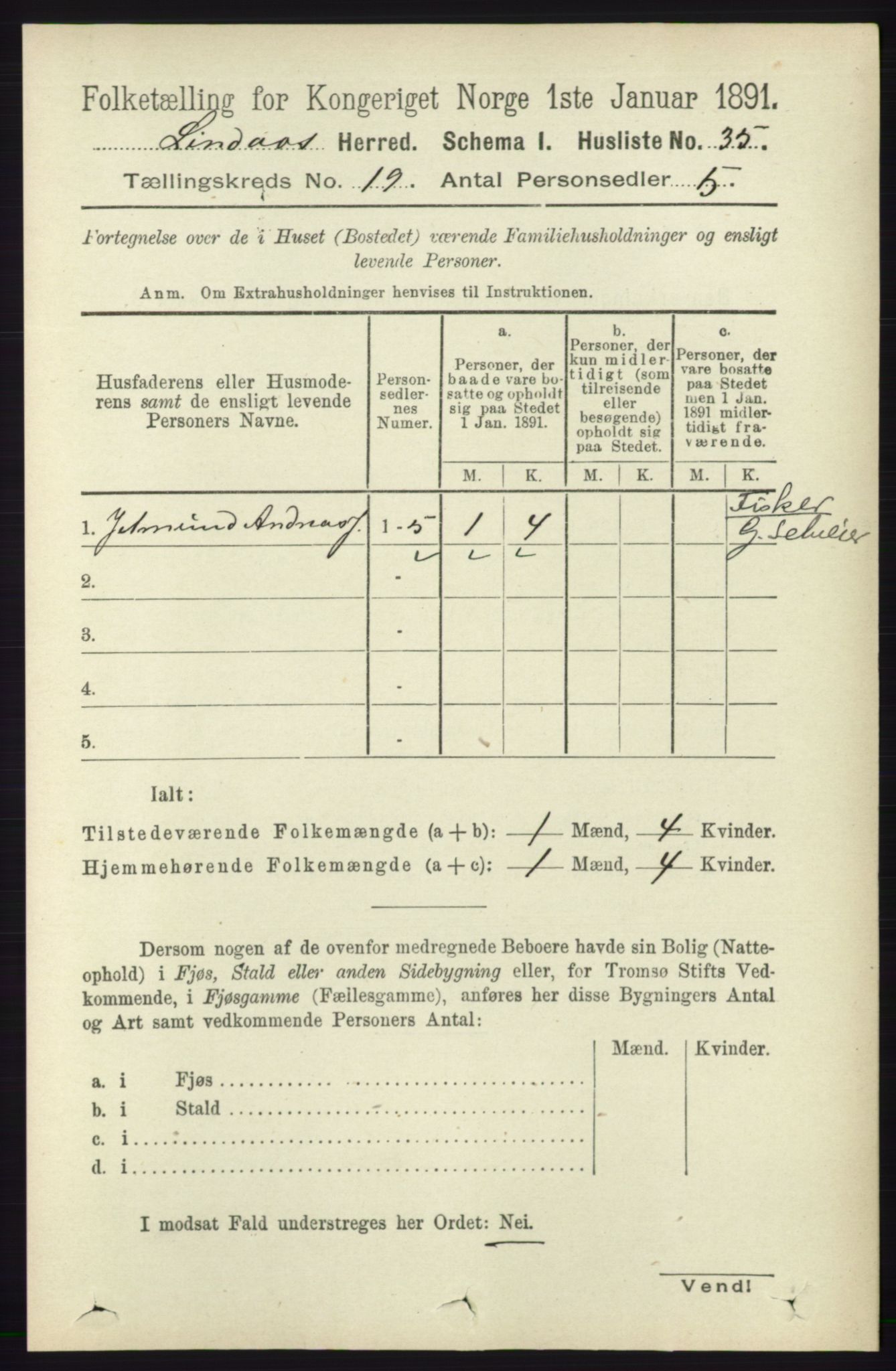 RA, 1891 census for 1263 Lindås, 1891, p. 6907