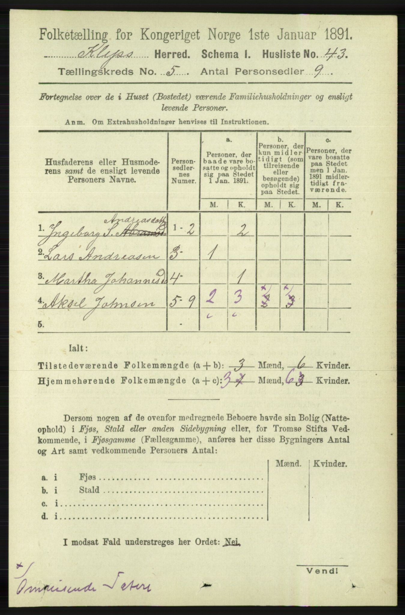 RA, 1891 census for 1120 Klepp, 1891, p. 1331