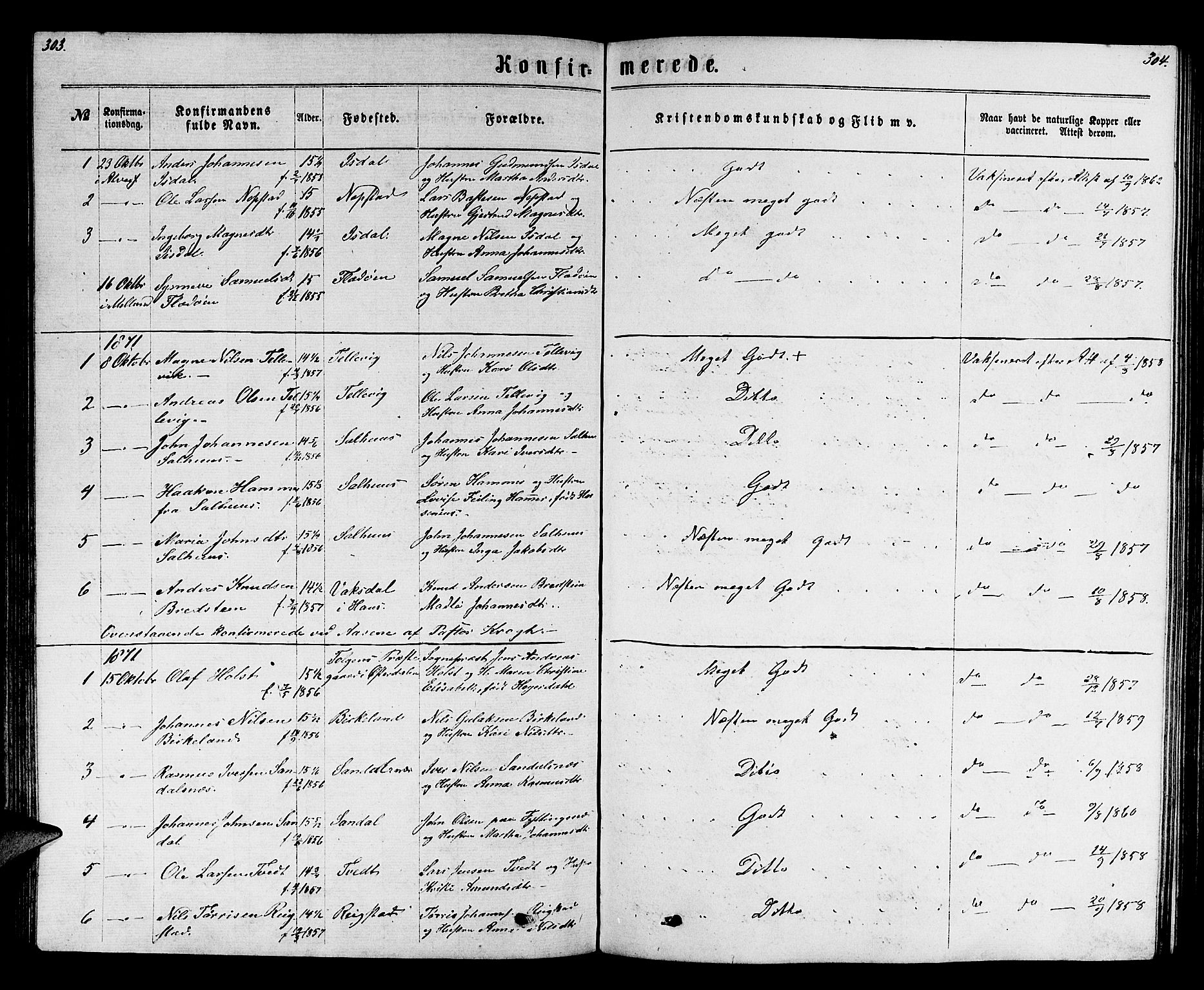 Hamre sokneprestembete, SAB/A-75501/H/Ha/Hab: Parish register (copy) no. B 2, 1863-1880, p. 303-304