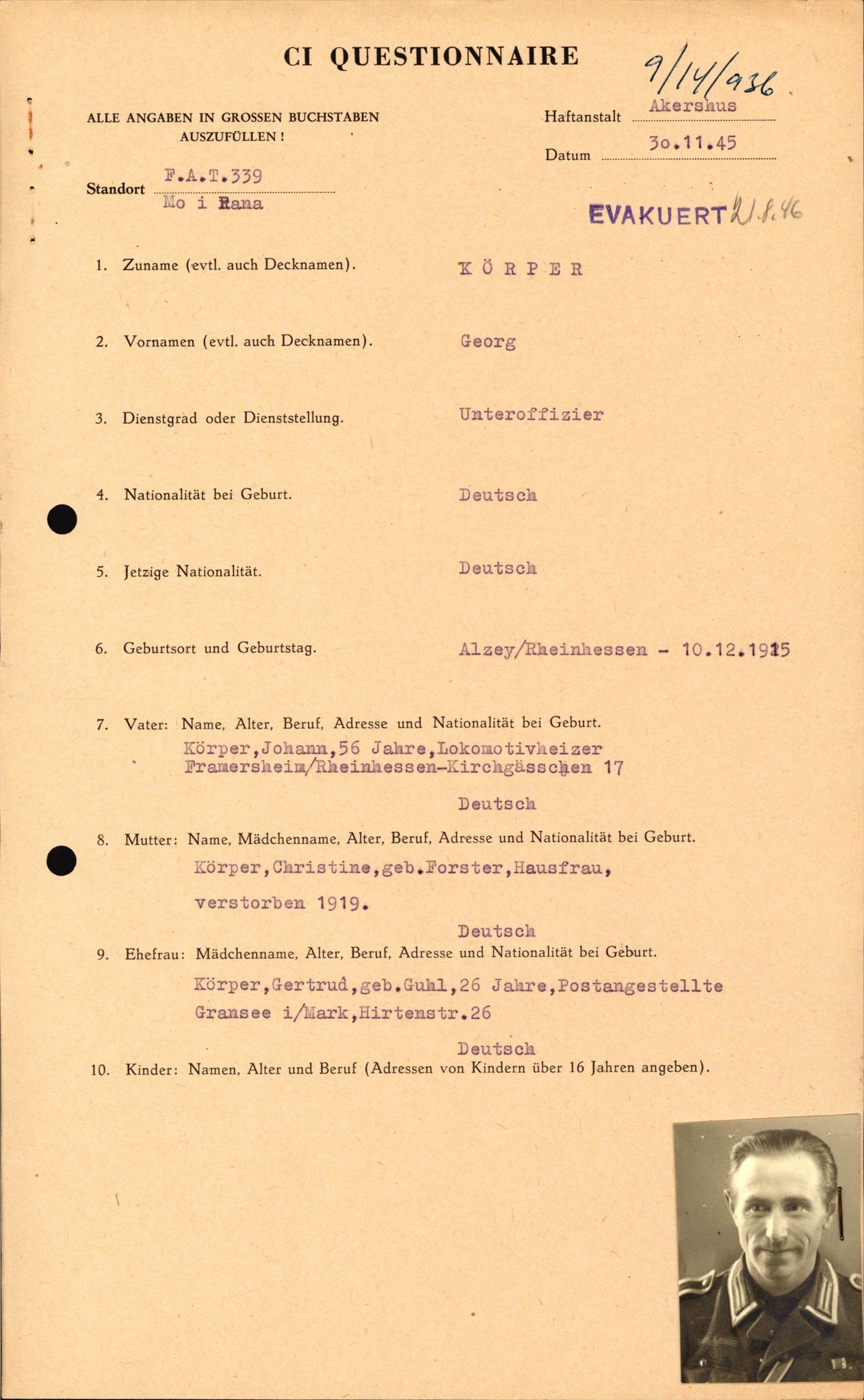 Forsvaret, Forsvarets overkommando II, AV/RA-RAFA-3915/D/Db/L0019: CI Questionaires. Tyske okkupasjonsstyrker i Norge. Tyskere., 1945-1946, p. 305