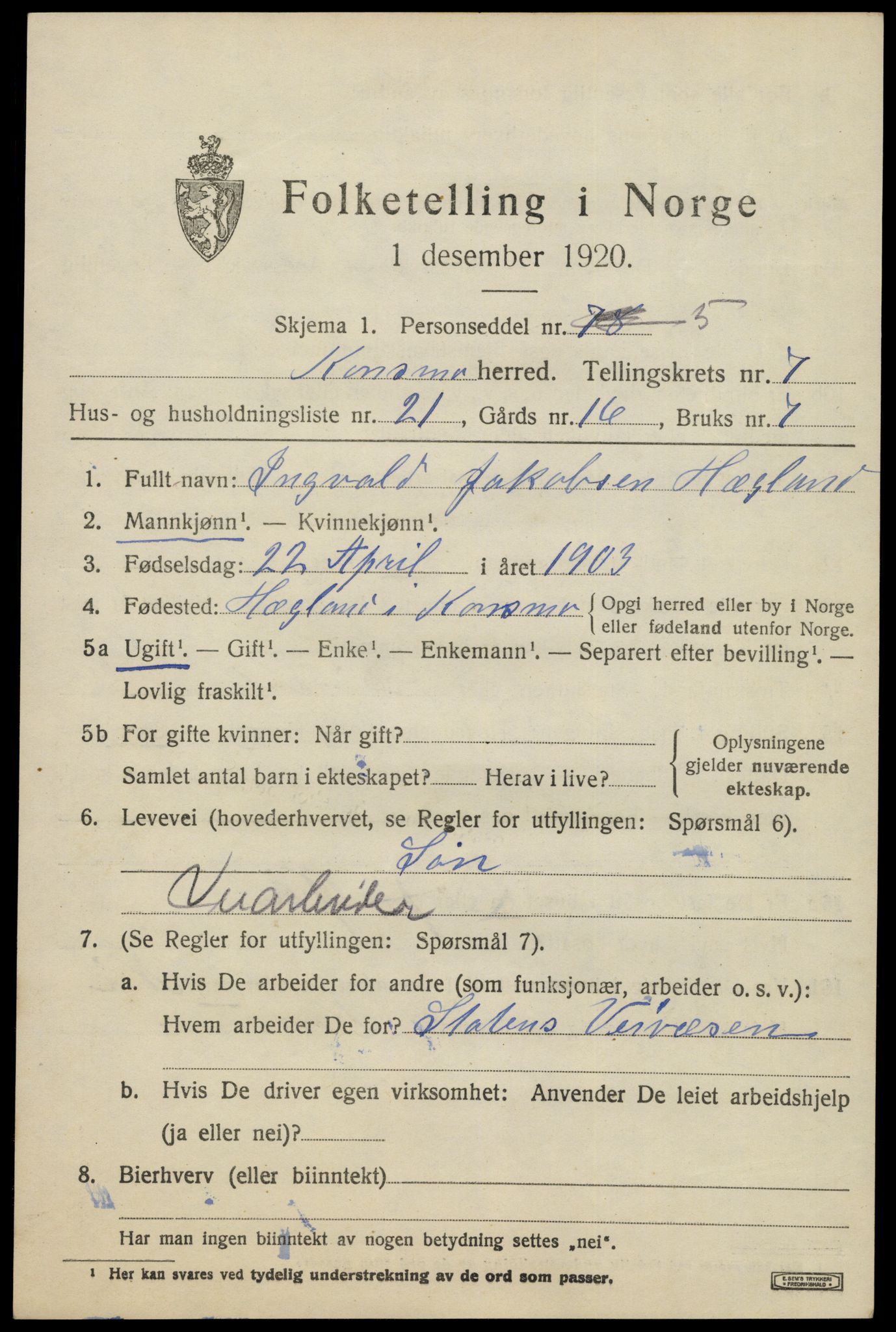 SAK, 1920 census for Konsmo, 1920, p. 1616