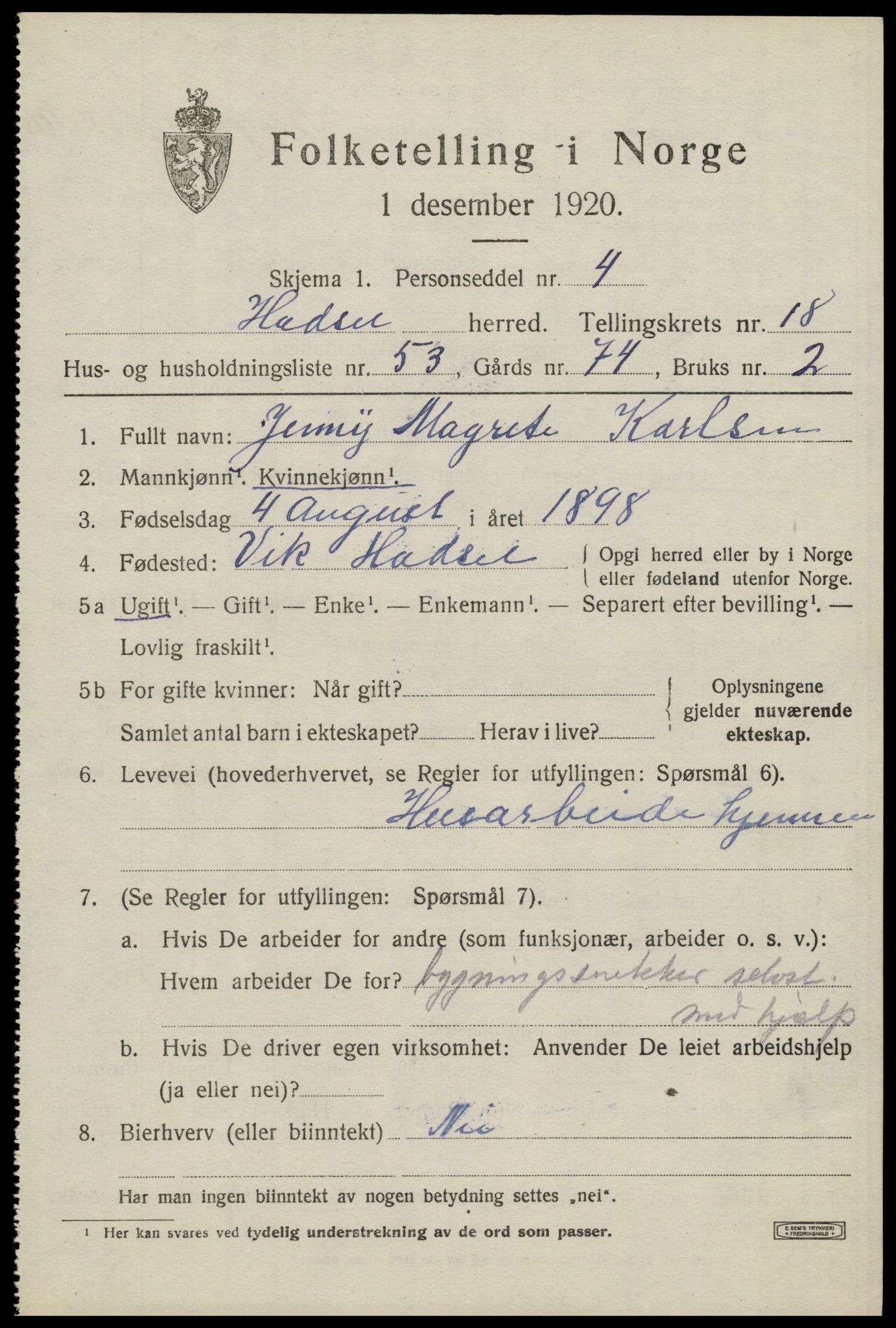 SAT, 1920 census for Hadsel, 1920, p. 17134