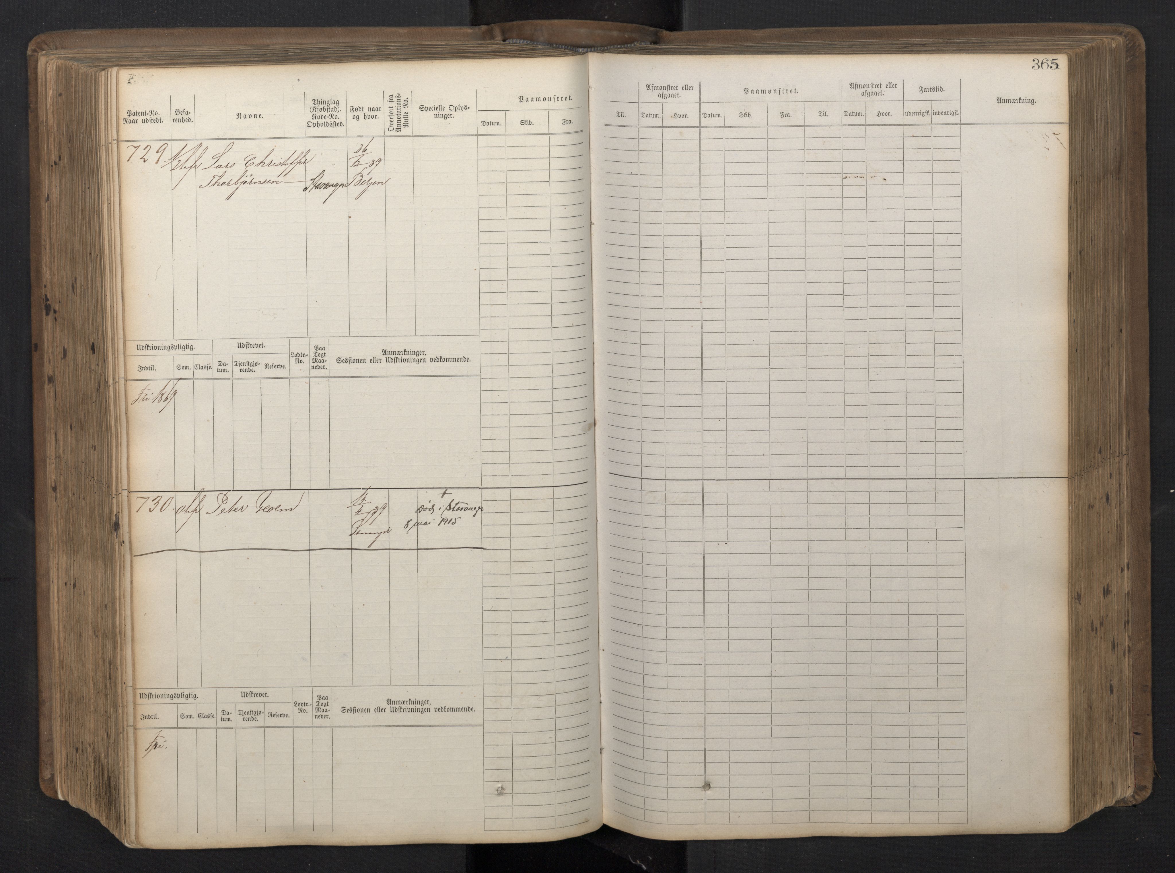 Stavanger sjømannskontor, AV/SAST-A-102006/F/Fb/Fbb/L0016: Sjøfartshovedrulle patnentnr. 1-1202 (dublett), 1869, p. 365