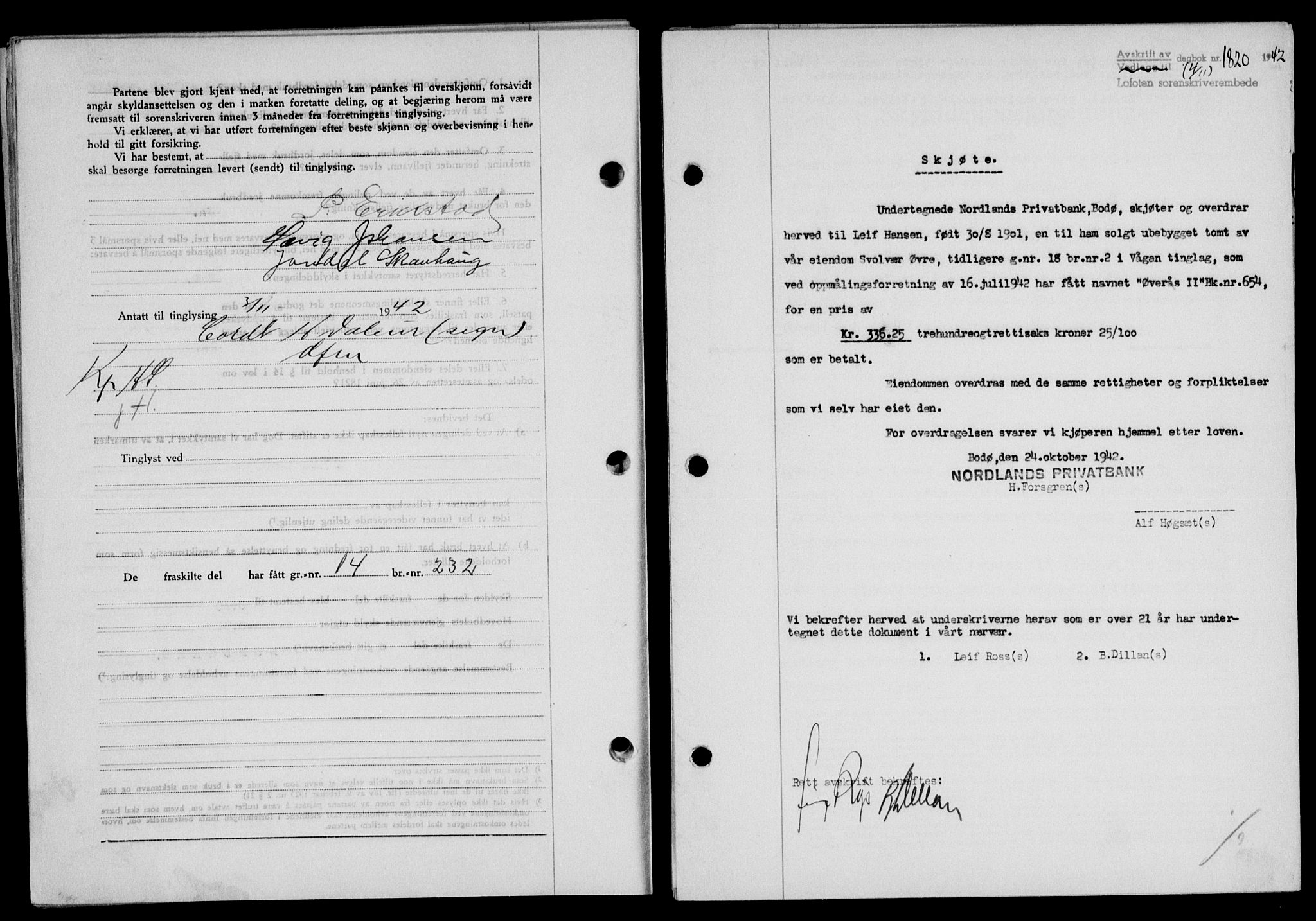 Lofoten sorenskriveri, SAT/A-0017/1/2/2C/L0010a: Mortgage book no. 10a, 1942-1943, Diary no: : 1820/1942