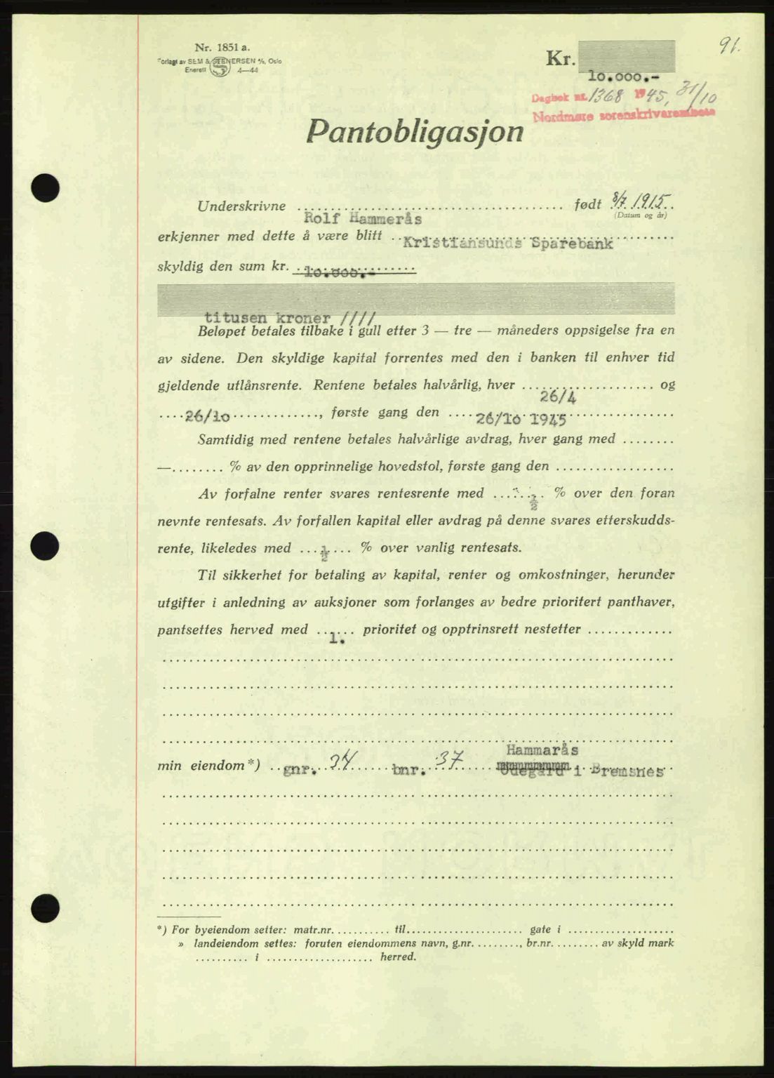 Nordmøre sorenskriveri, AV/SAT-A-4132/1/2/2Ca: Mortgage book no. B93a, 1945-1945, Diary no: : 1368/1945