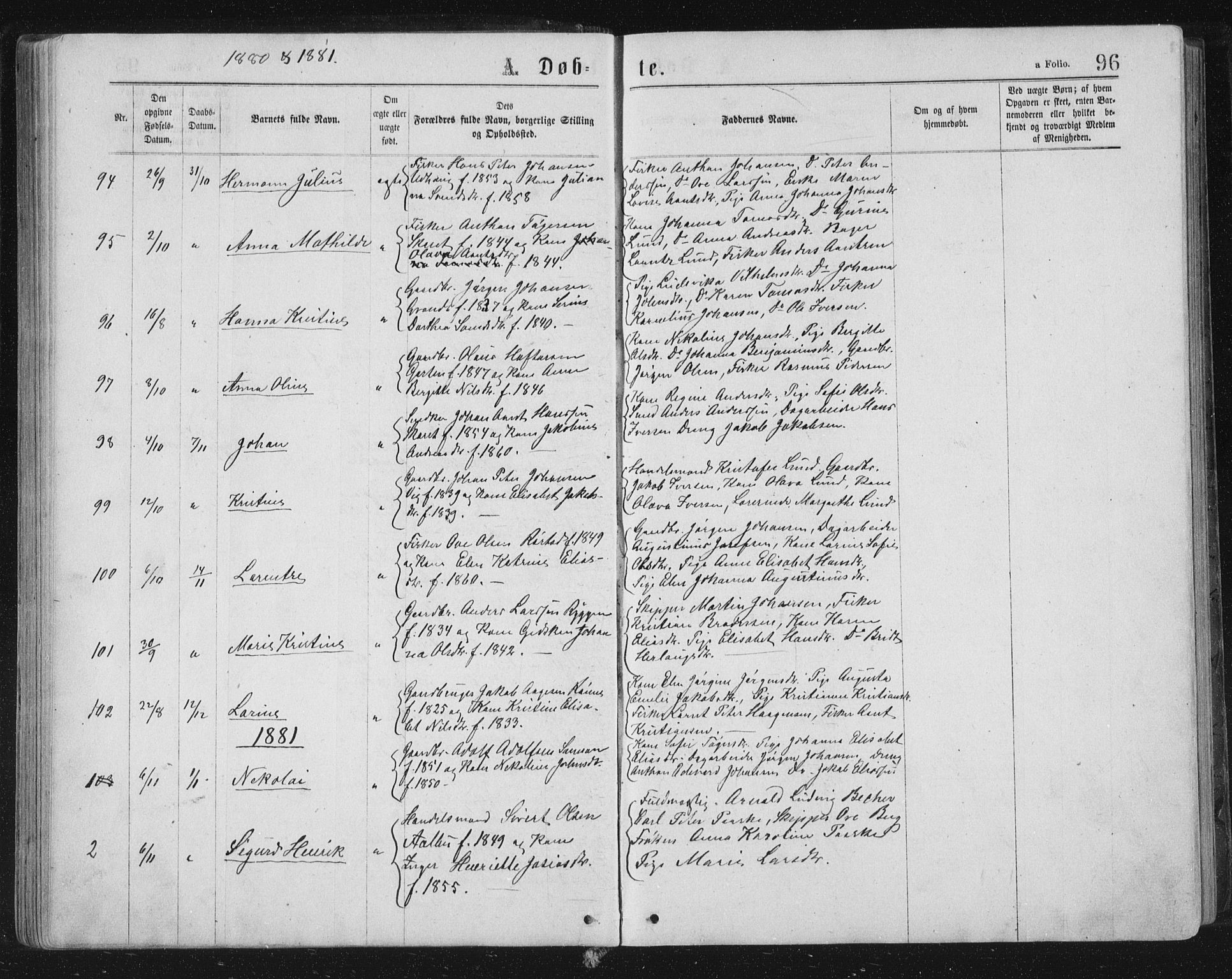 Ministerialprotokoller, klokkerbøker og fødselsregistre - Sør-Trøndelag, SAT/A-1456/659/L0745: Parish register (copy) no. 659C02, 1869-1892, p. 96