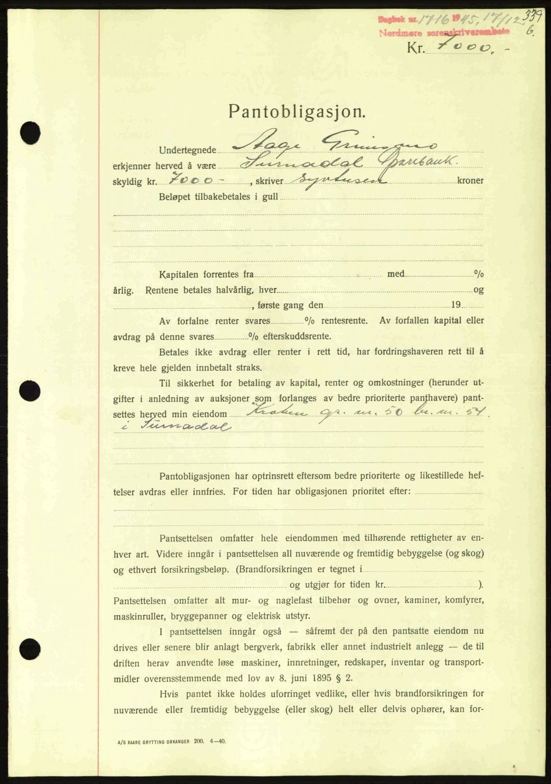 Nordmøre sorenskriveri, AV/SAT-A-4132/1/2/2Ca: Mortgage book no. B93a, 1945-1945, Diary no: : 1716/1945