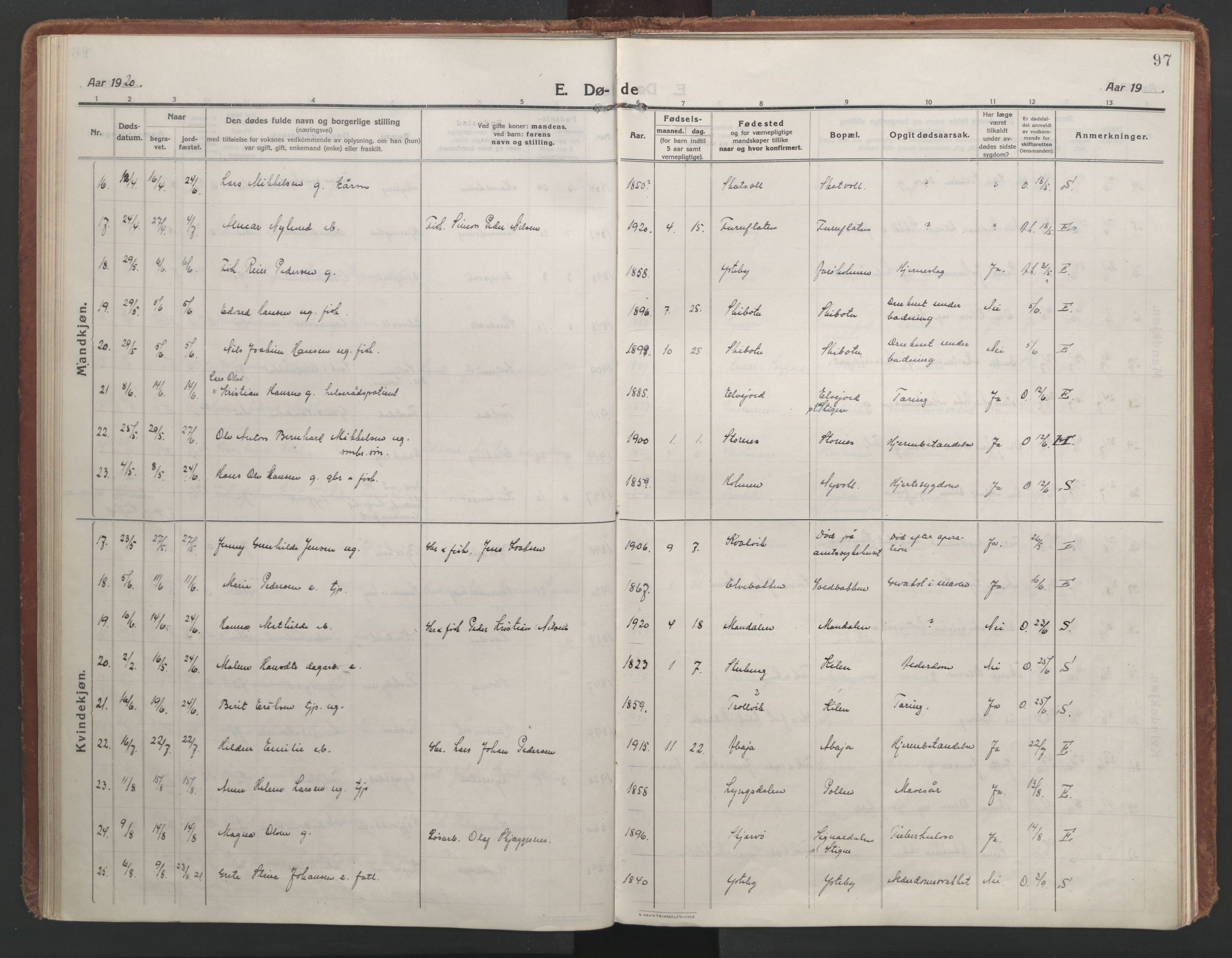 Lyngen sokneprestembete, AV/SATØ-S-1289/H/He/Hea/L0013kirke: Parish register (official) no. 13, 1914-1923, p. 97