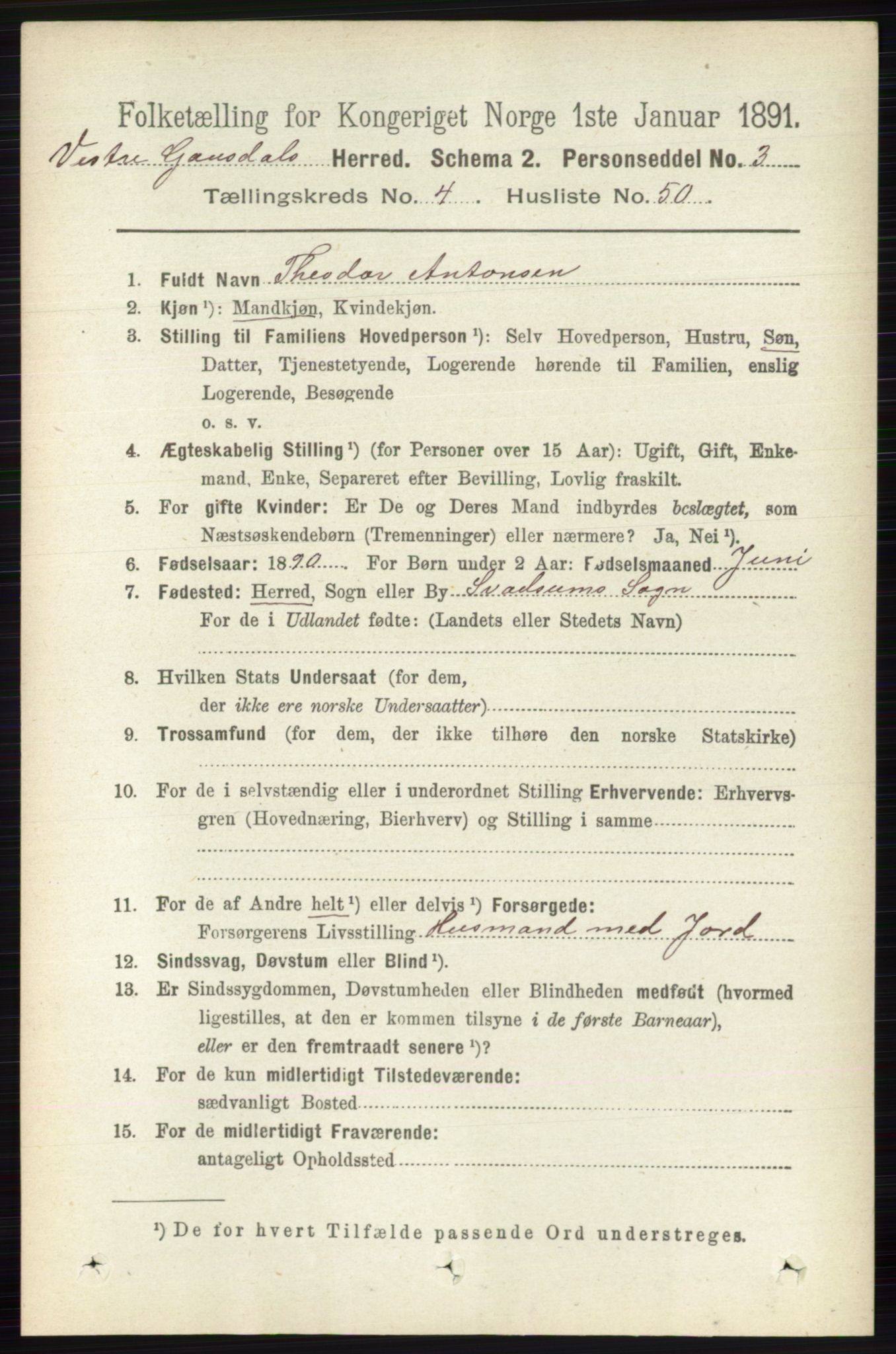 RA, 1891 census for 0523 Vestre Gausdal, 1891, p. 1989