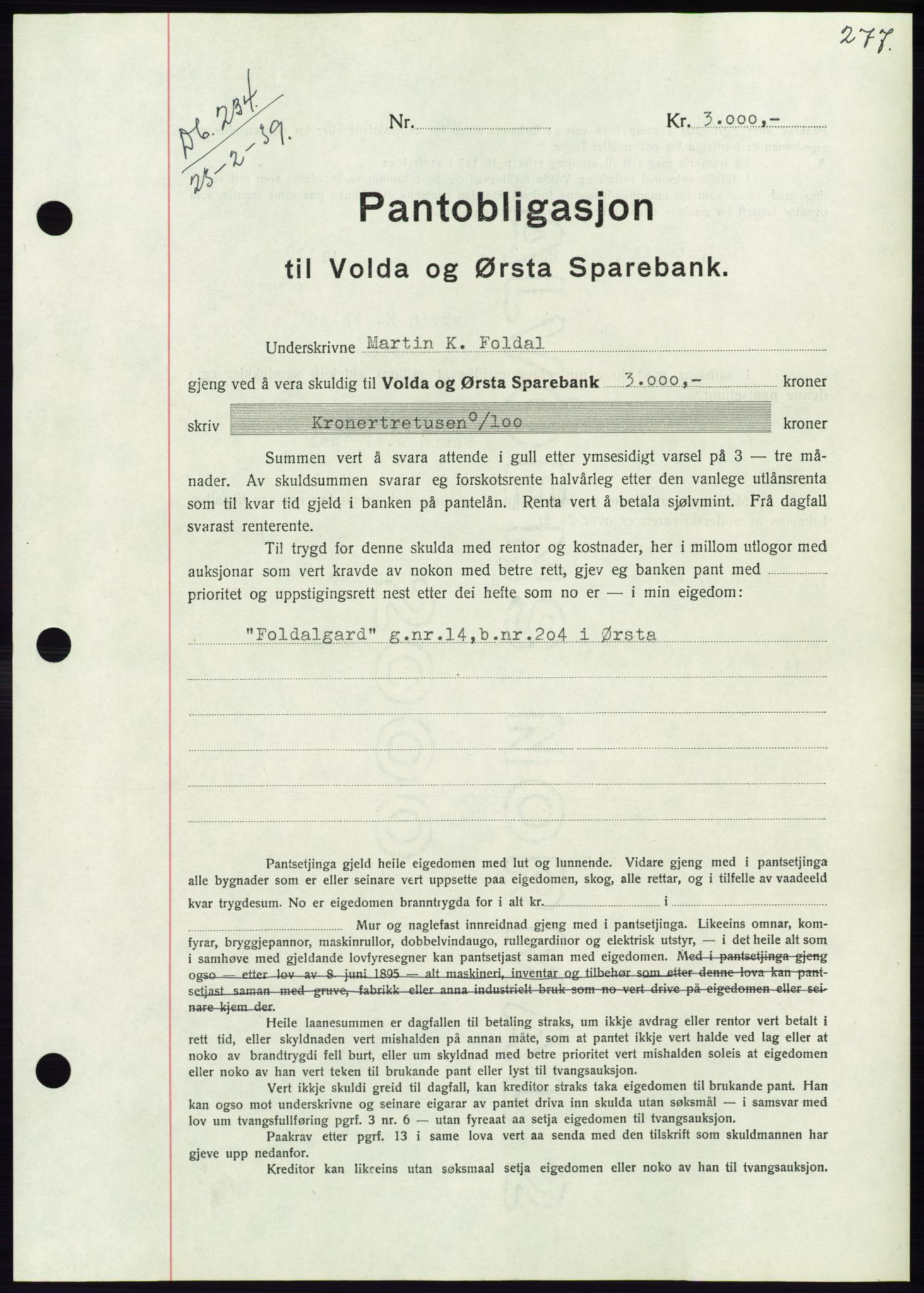 Søre Sunnmøre sorenskriveri, AV/SAT-A-4122/1/2/2C/L0067: Mortgage book no. 61, 1938-1939, Diary no: : 234/1939