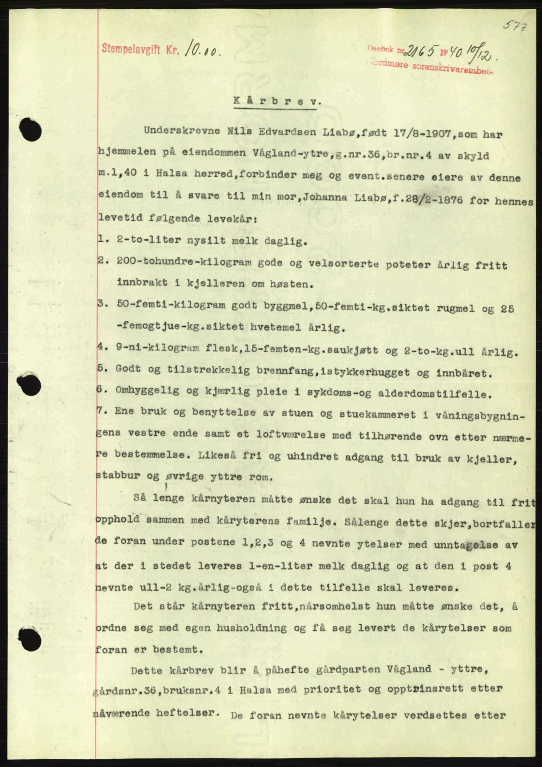 Nordmøre sorenskriveri, AV/SAT-A-4132/1/2/2Ca: Mortgage book no. B87, 1940-1941, Diary no: : 2165/1940