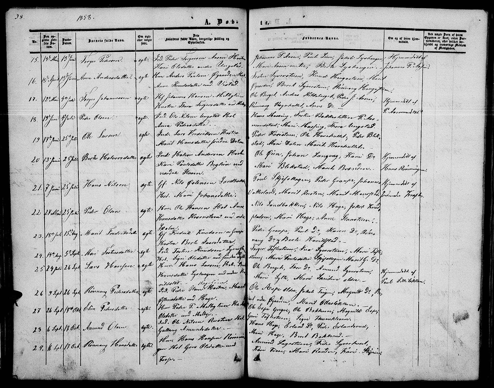 Nord-Fron prestekontor, SAH/PREST-080/H/Ha/Hab/L0002: Parish register (copy) no. 2, 1851-1883, p. 38
