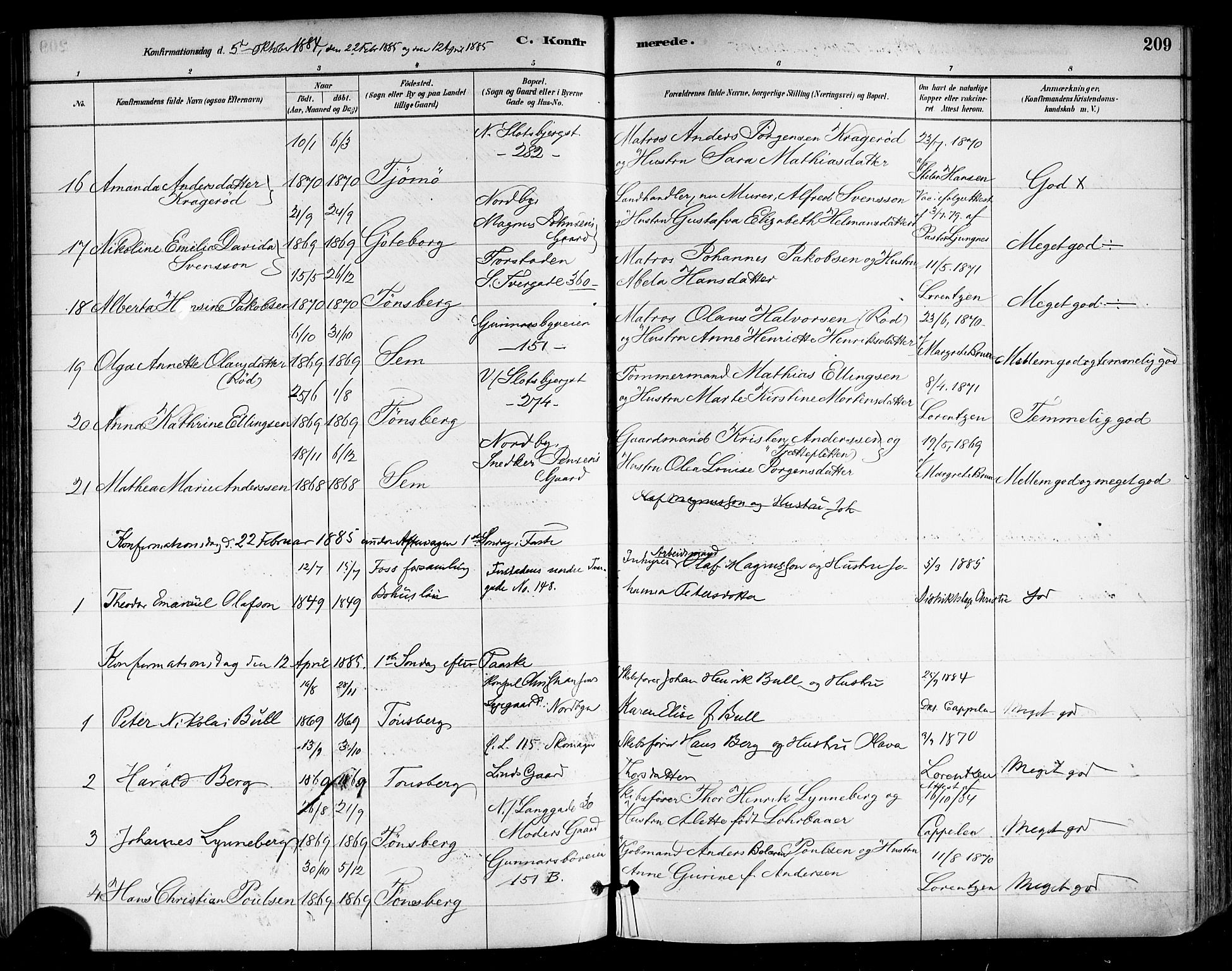 Tønsberg kirkebøker, SAKO/A-330/F/Fa/L0011: Parish register (official) no. I 11, 1881-1890, p. 209