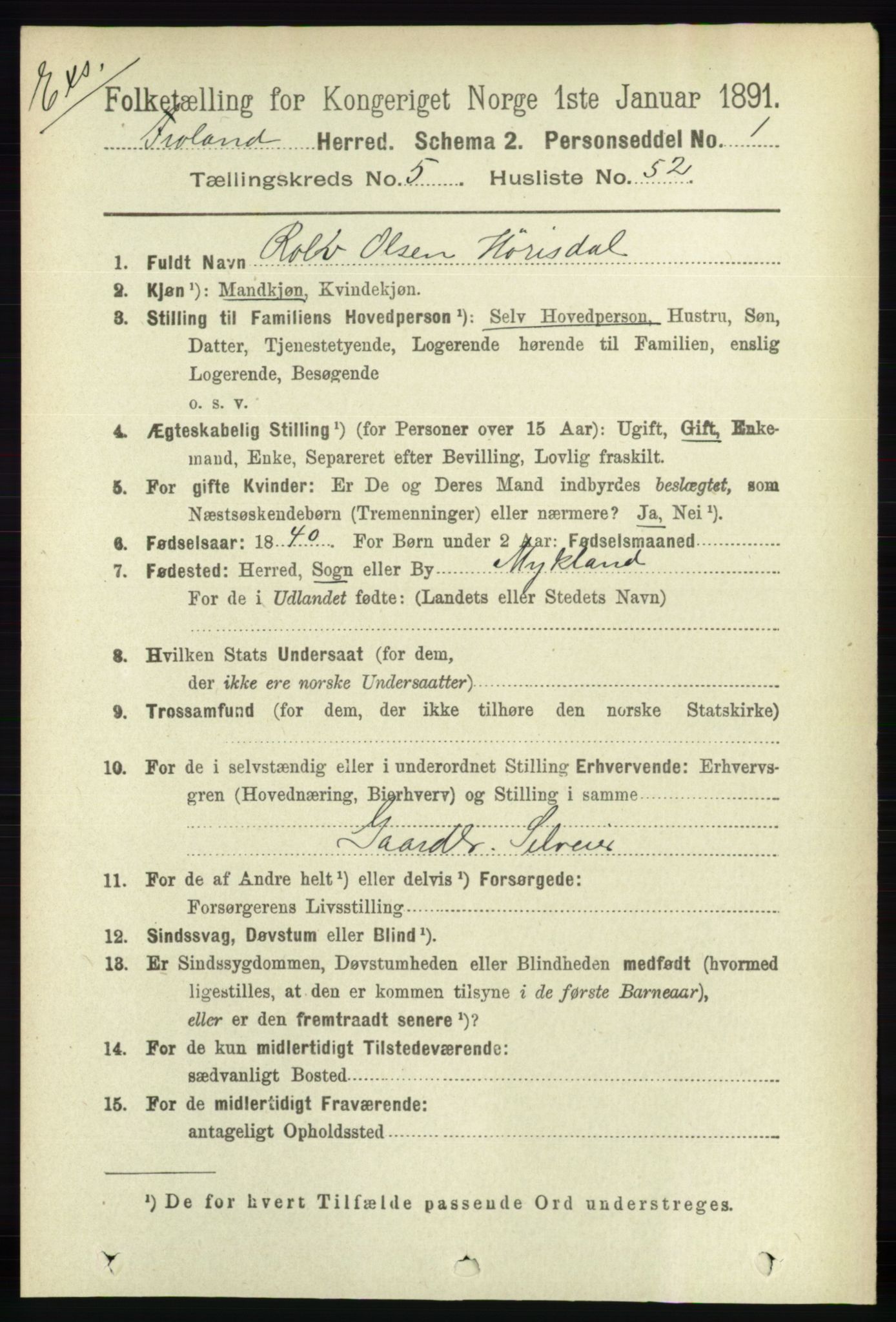 RA, Census 1891 for Nedenes amt: Gjenparter av personsedler for beslektede ektefeller, menn, 1891, p. 447